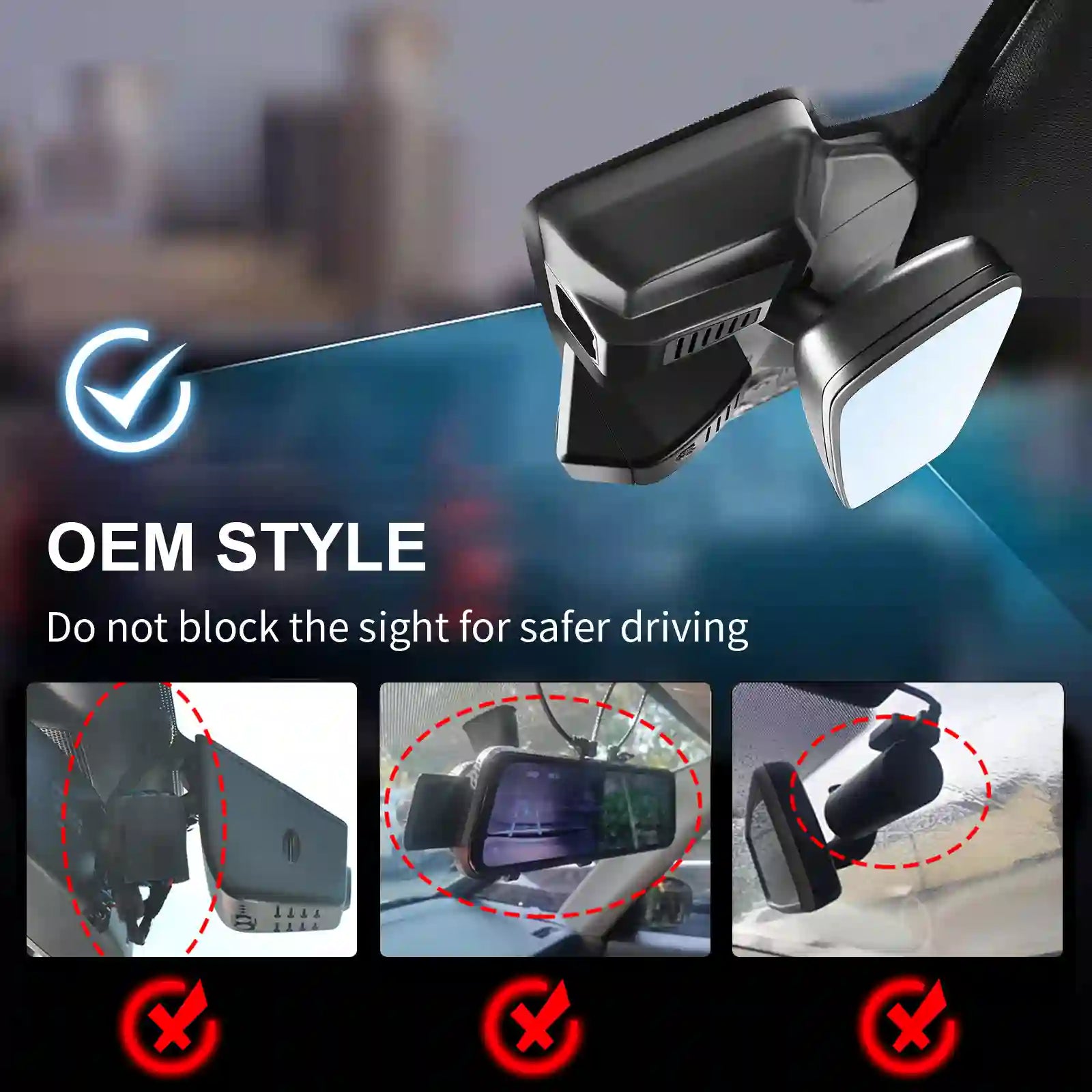 Car mangoal OEM style dash camera with a cityscape background, emphasizing safe installation.