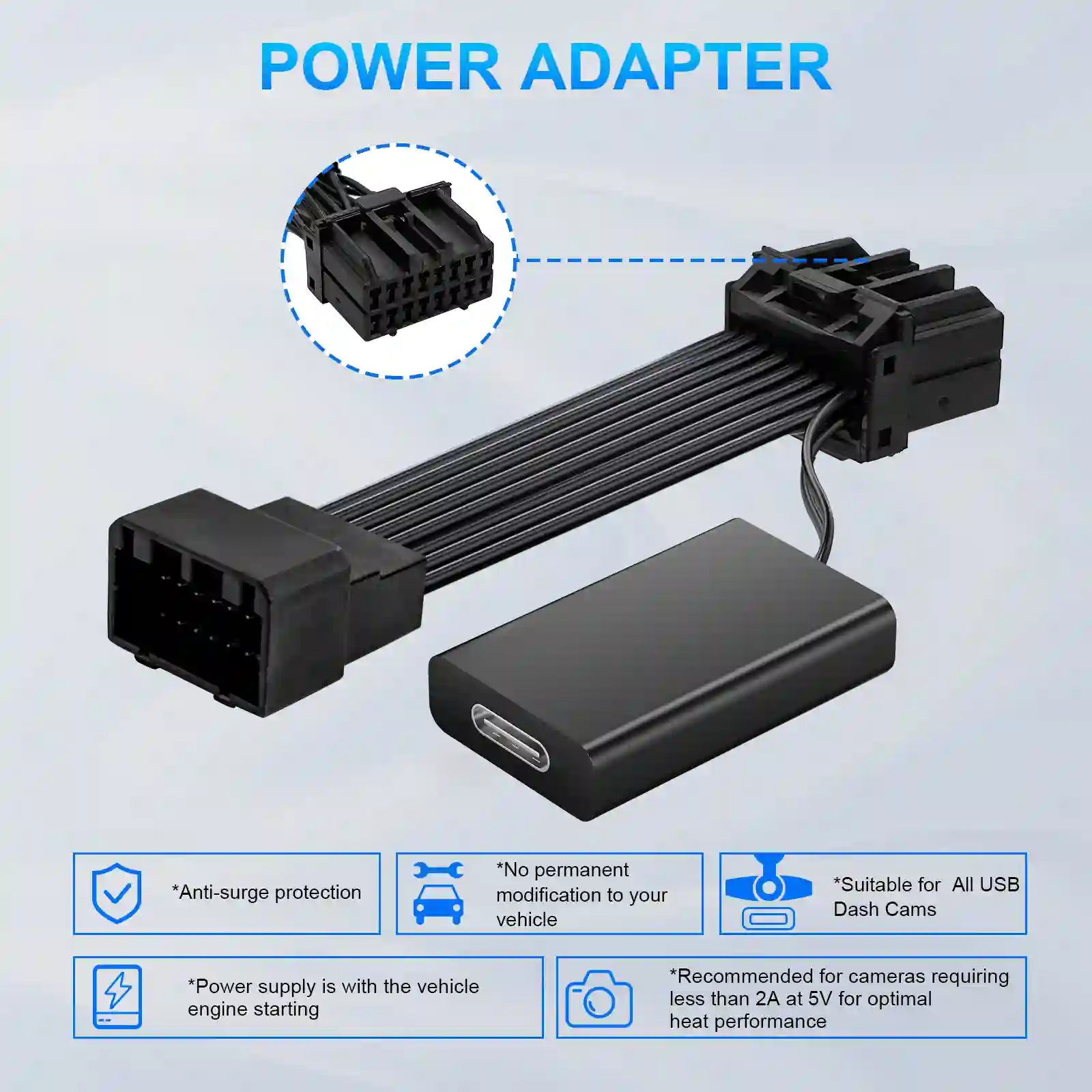 Power adapter with USB connector on a light blue background