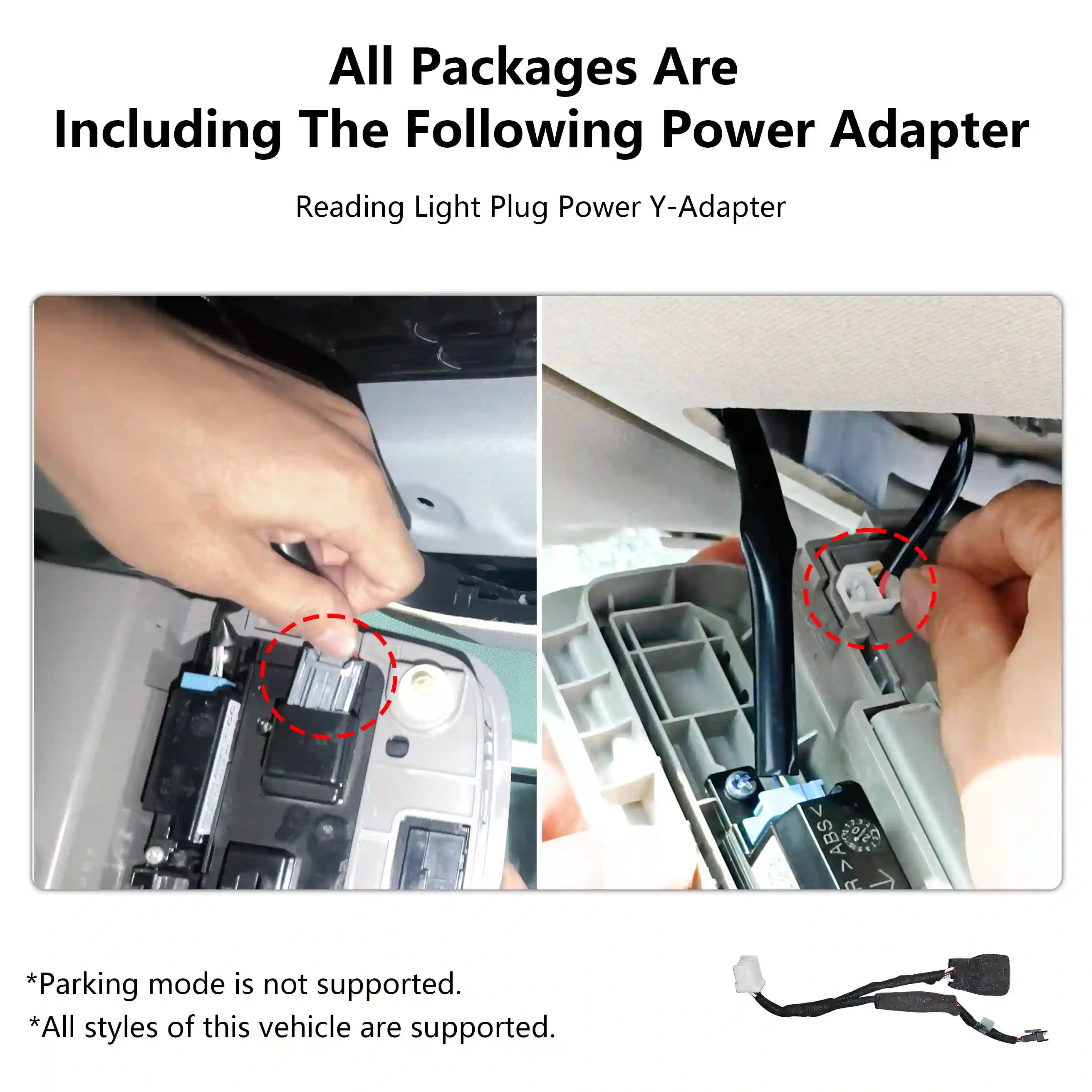 Power adapter installation instructions with close-up images of hands and vehicle interior.