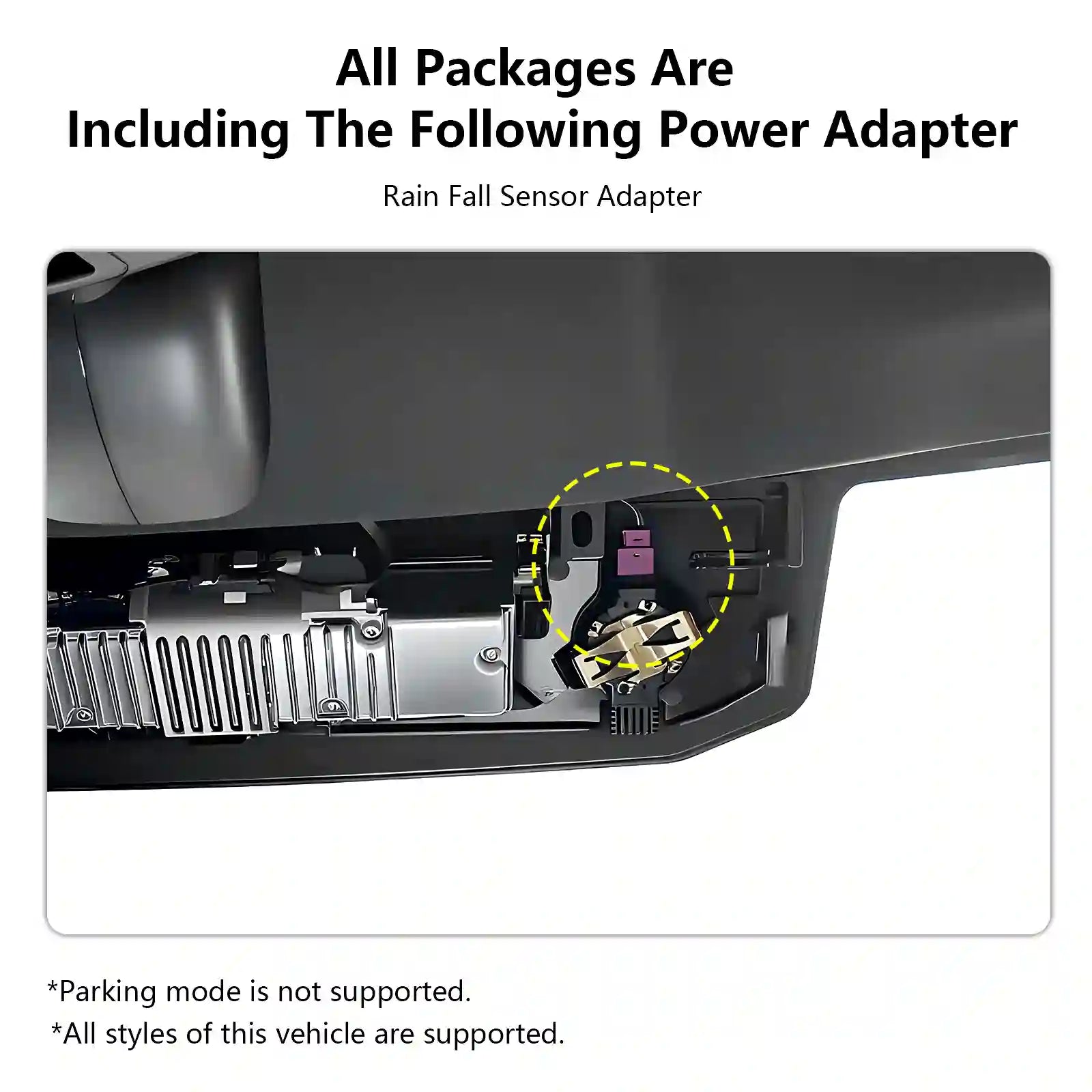 Power adapter for vehicle with rain fall sensor highlighted, text indicating inclusion of power adapter.