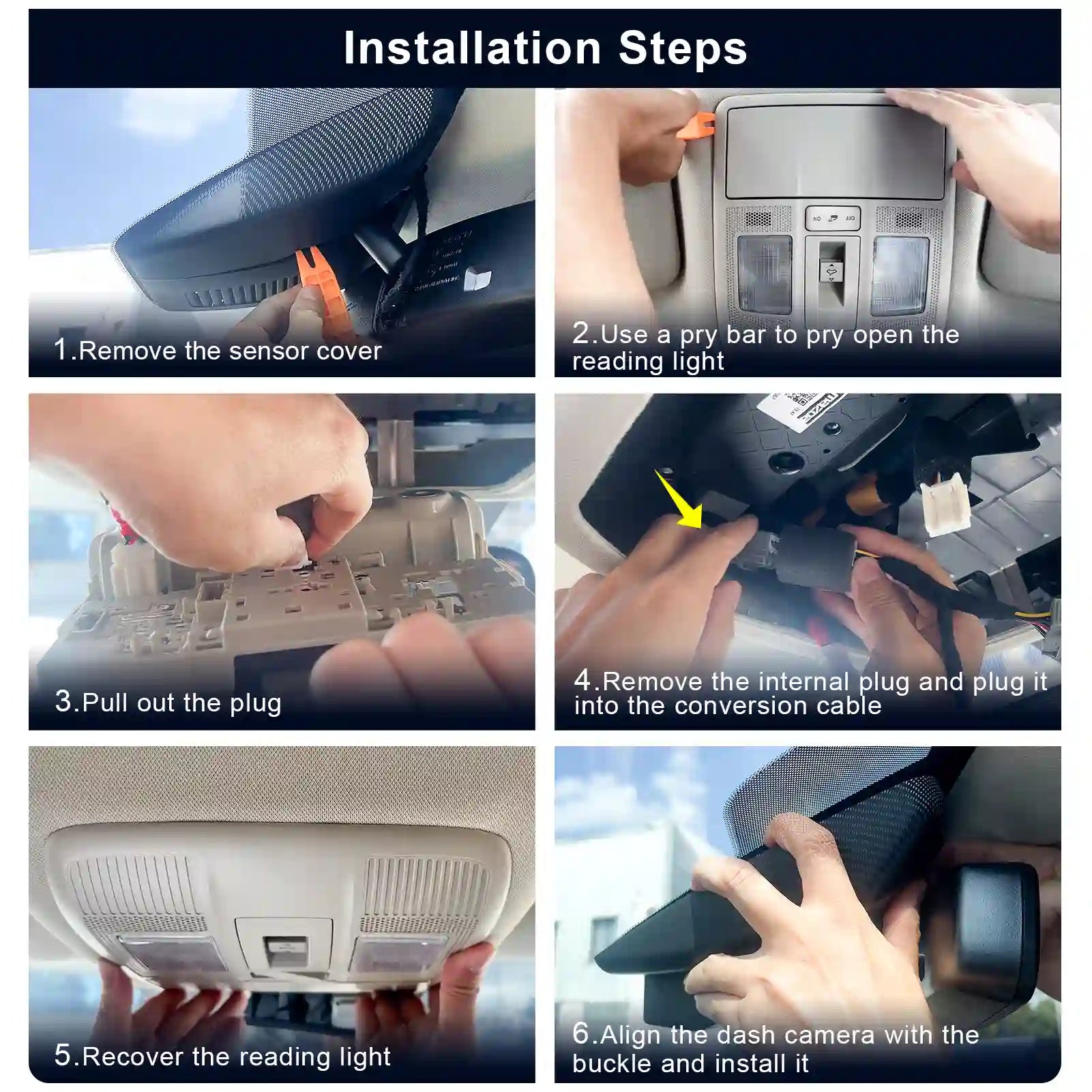 Step-by-step guide on installing a car dash camera with images and text instructions.
