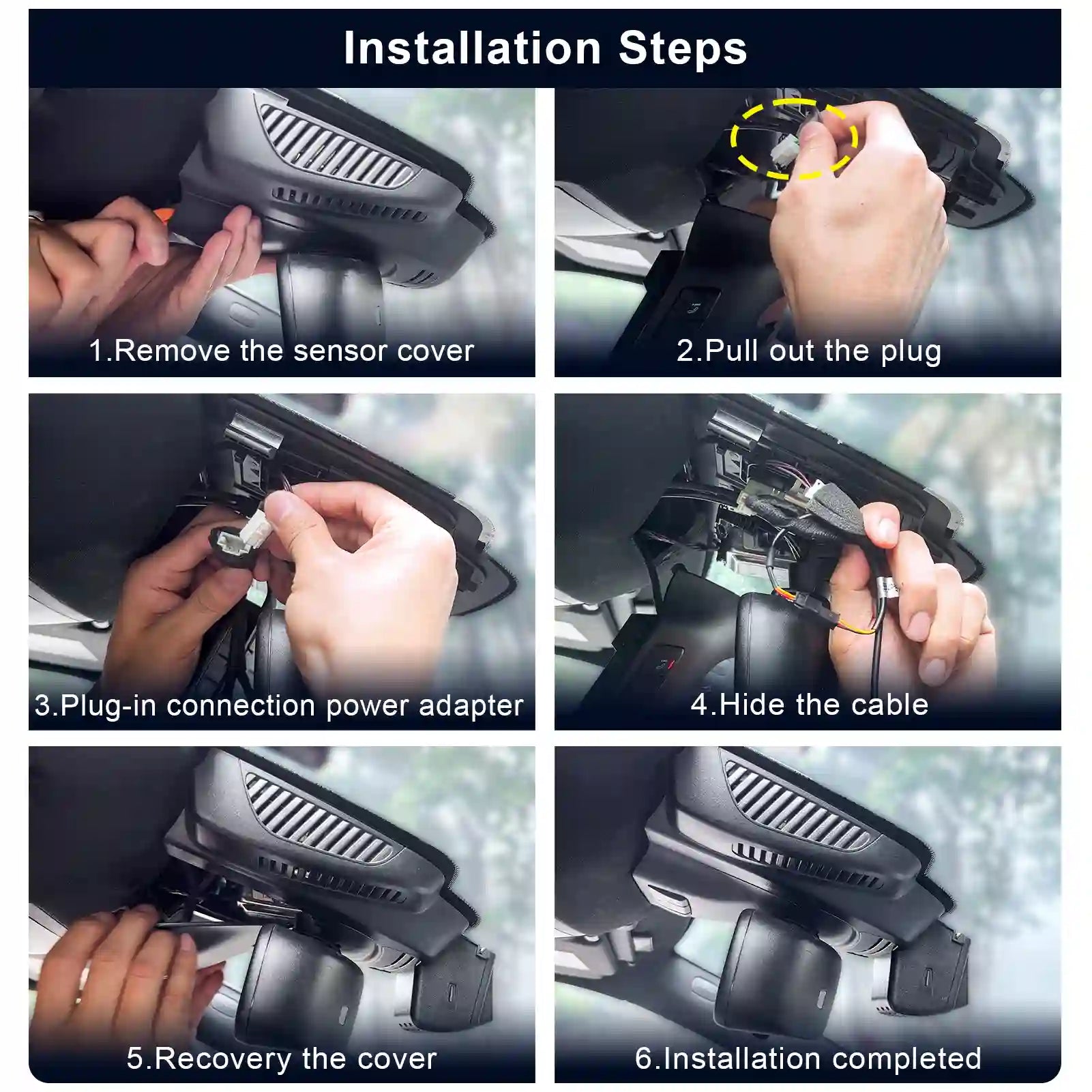 Step-by-step installation guide for a car sensor system. for Mercedes Gen-6 E-Class dual dash camera