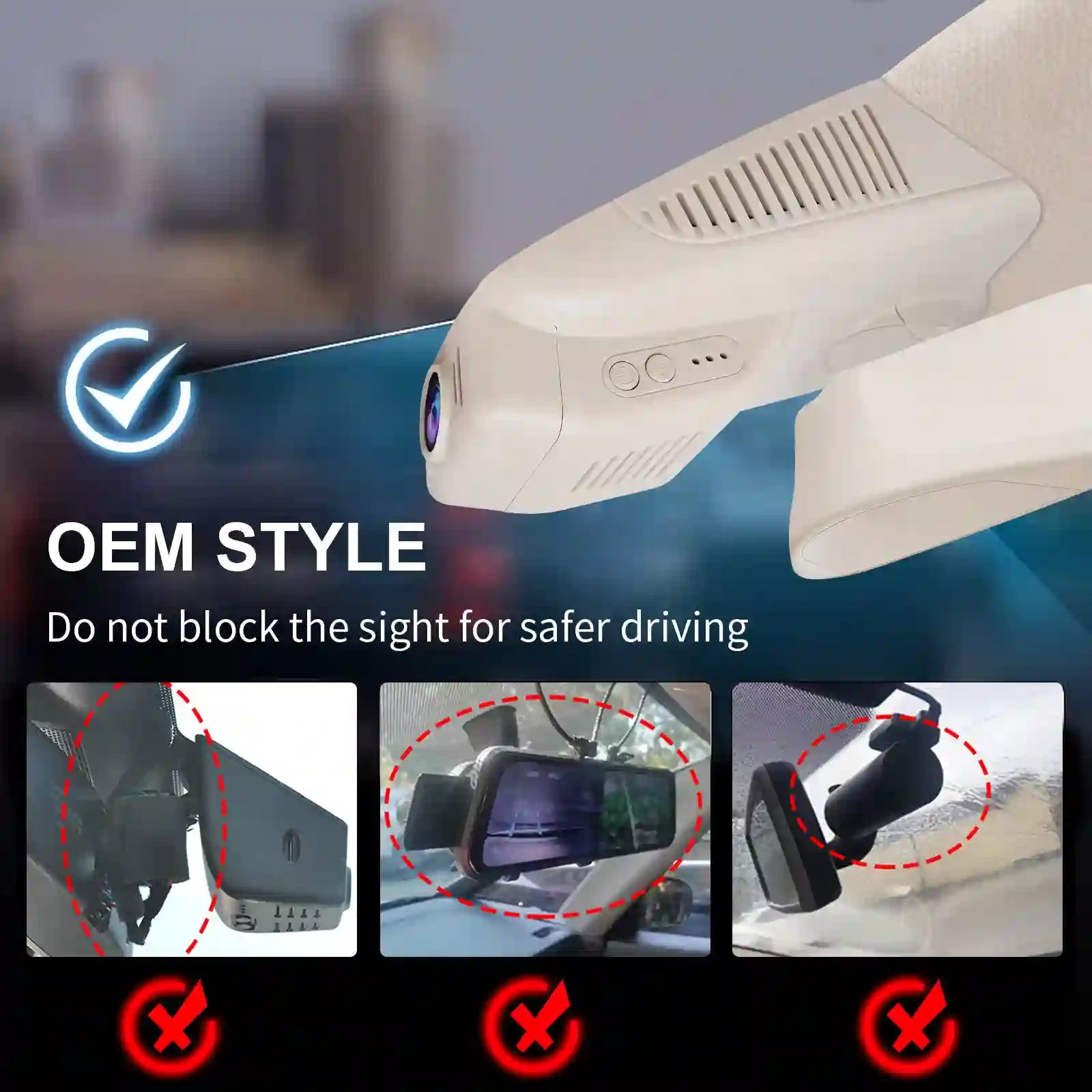 Car camera with instructions on safe installation and use, set against a blurred cityscape background.