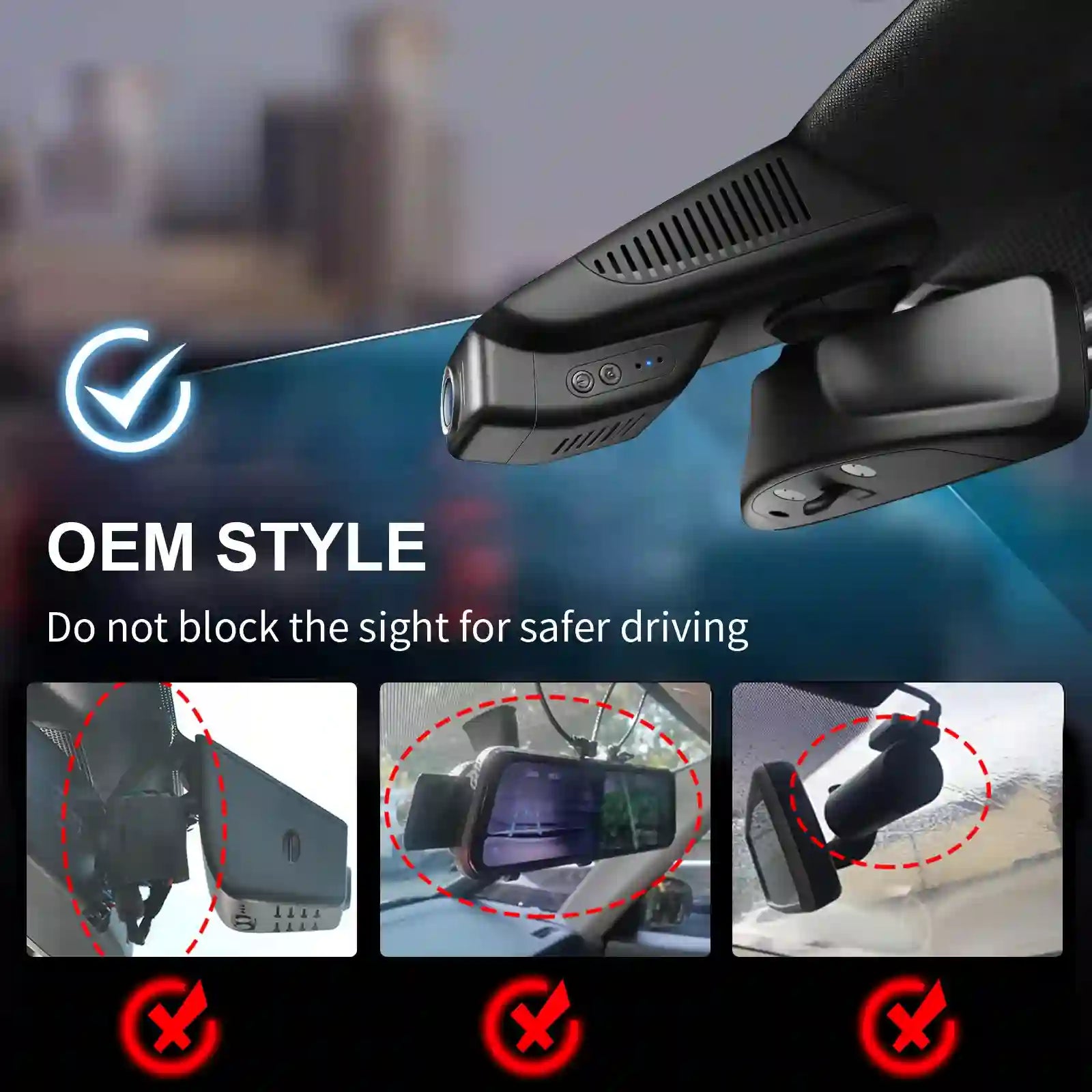 Car dashboard camera with instructions on safe installation and clear view for safer driving.
