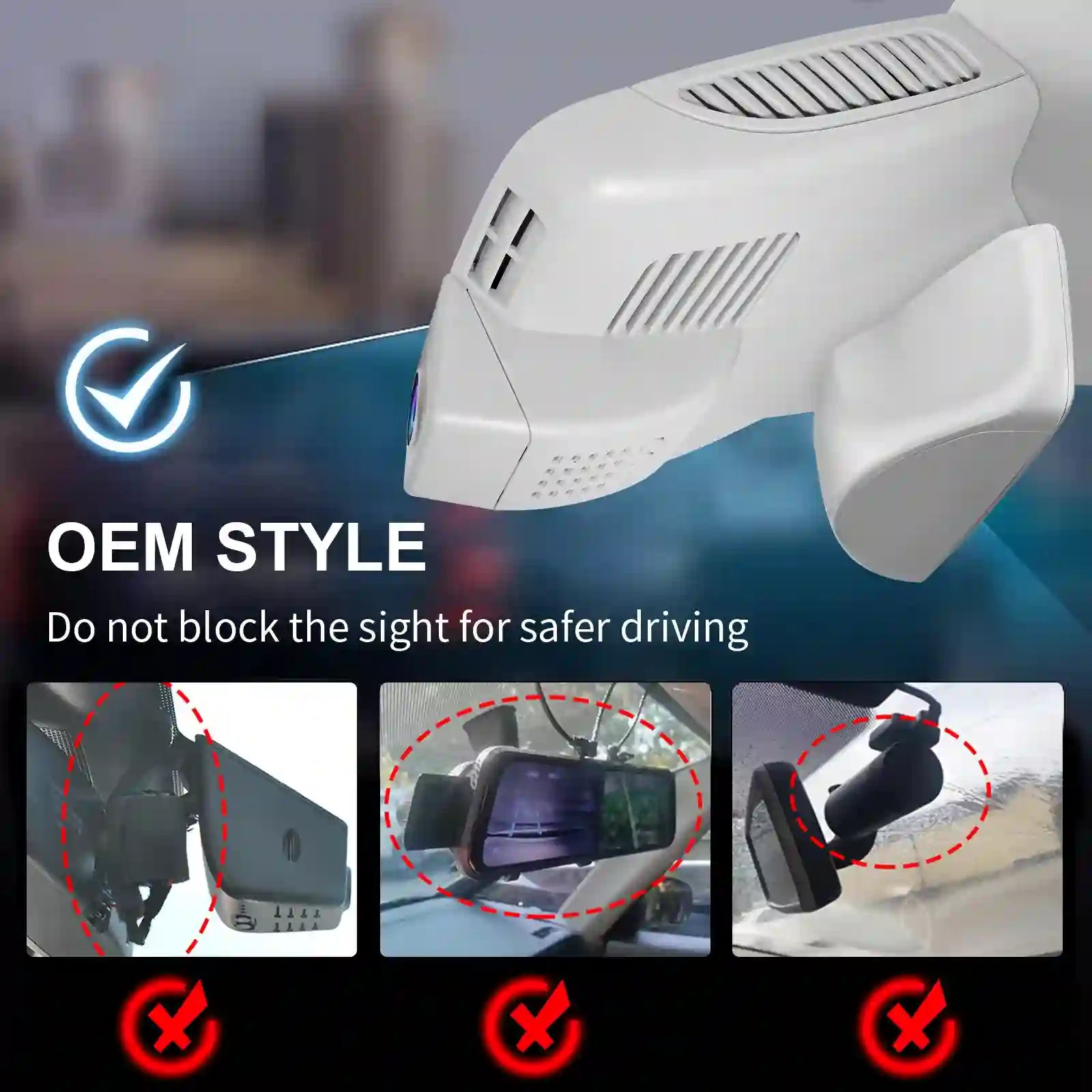 Car air freshener with a blurred cityscape background, emphasizing safe installation.