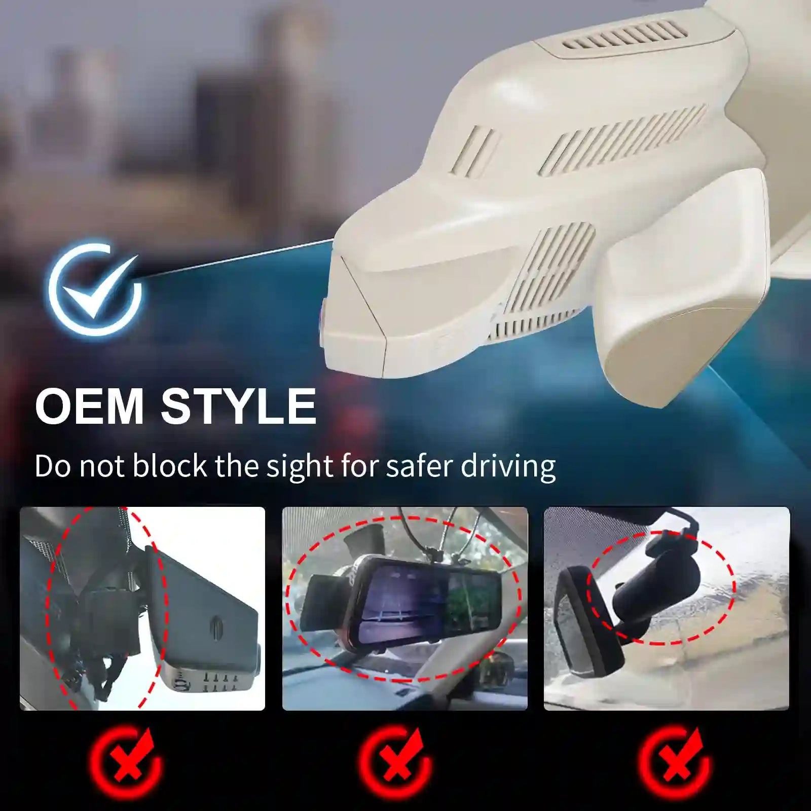 Car camera with text about safe driving and product placement