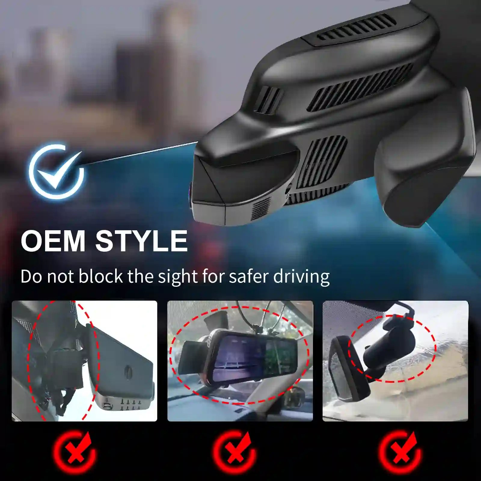 Car dashboard camera with text about safe driving and OEM style