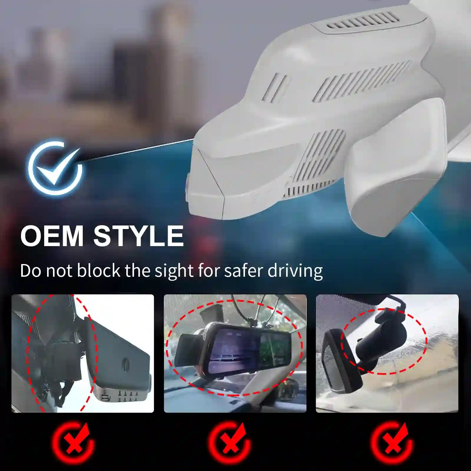 Car camera with a blurred cityscape background, emphasizing safe installation.