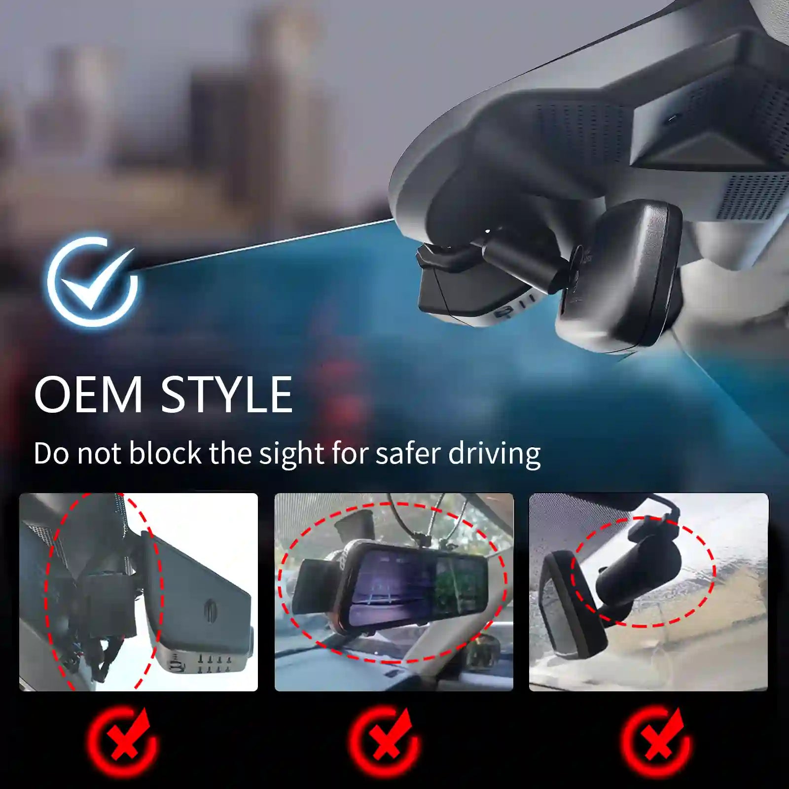 Car camera mount on a car dashboard with text about safe driving and OEM style.