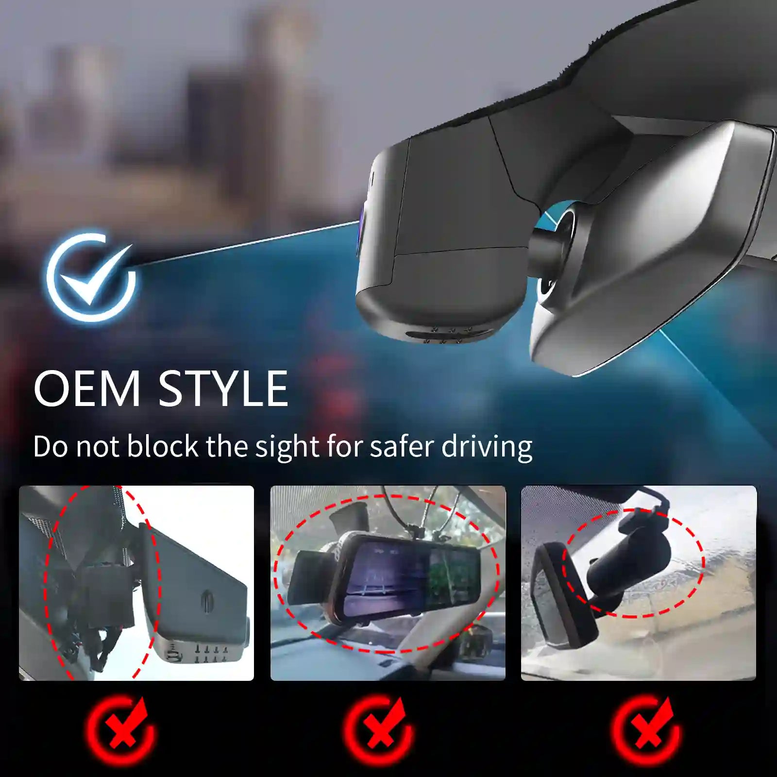 Car camera mounted on a car's rearview mirror with text about safe driving. and OEM style dash camera