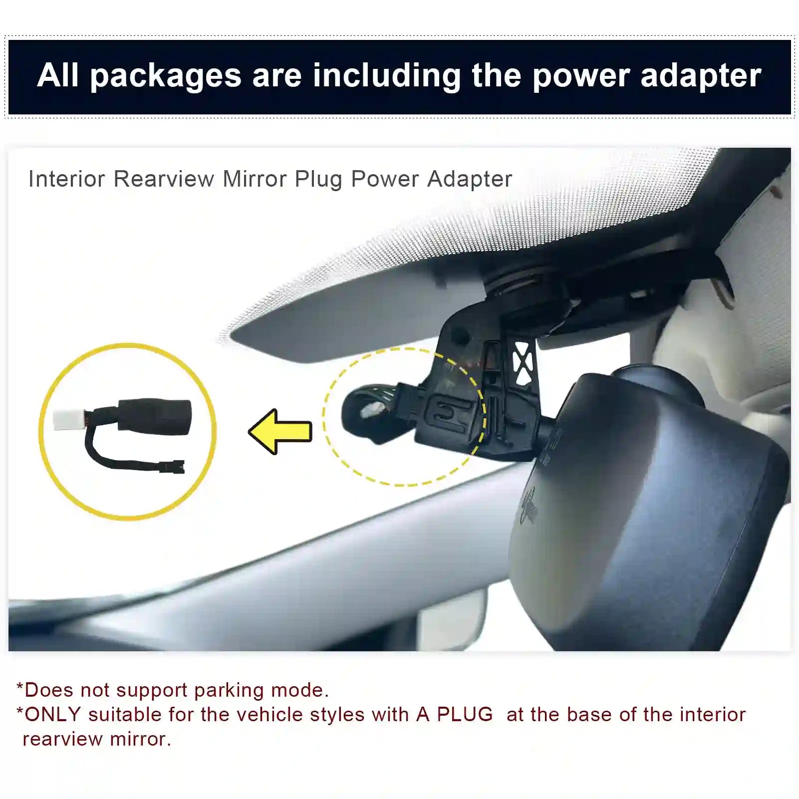 Car interior rearview mirror with power adapter attachment and text indicating package inclusion.