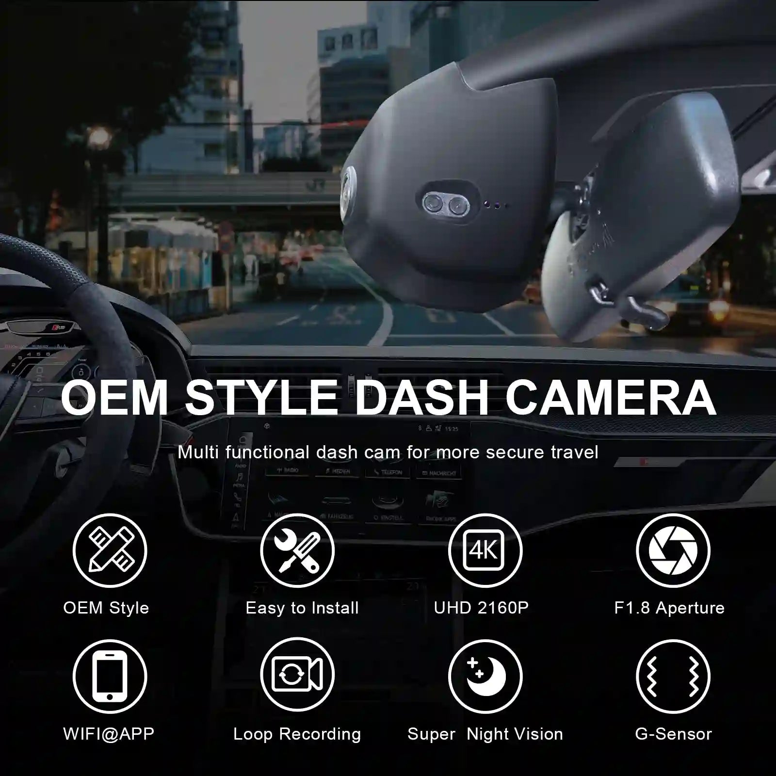 OEM style dash camera with features highlighted on a blurred city street background for mangoal dash cam