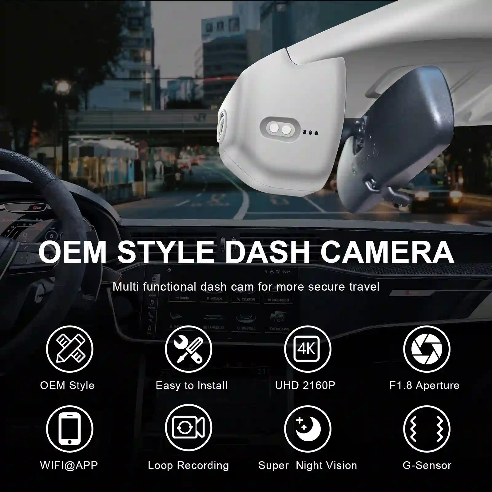 OEM style dash camera with features highlighted on a car dashboard background. For mangoal tech dash camera