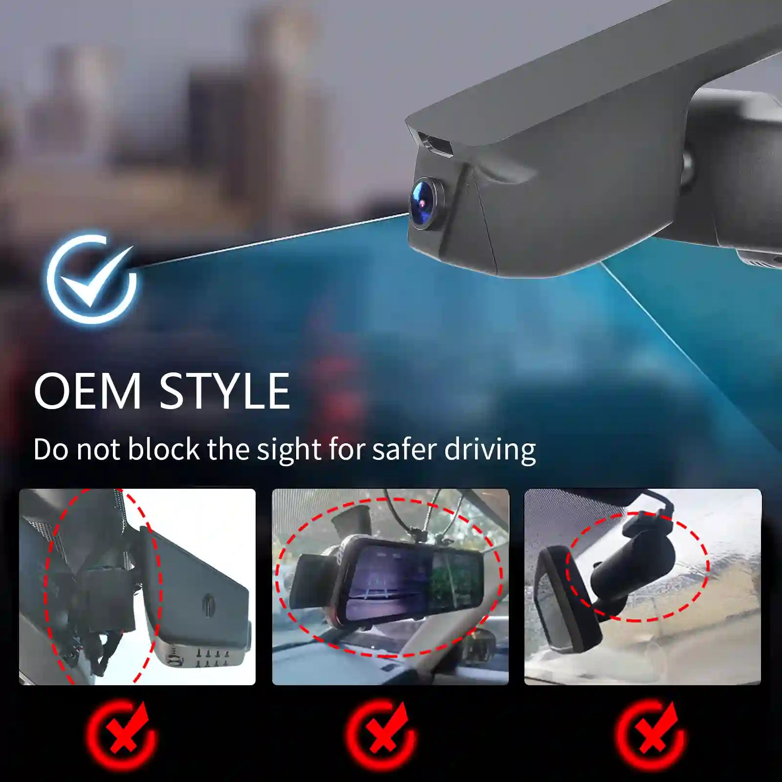 Car camera on a car windshield with text about safe driving and OEM style.