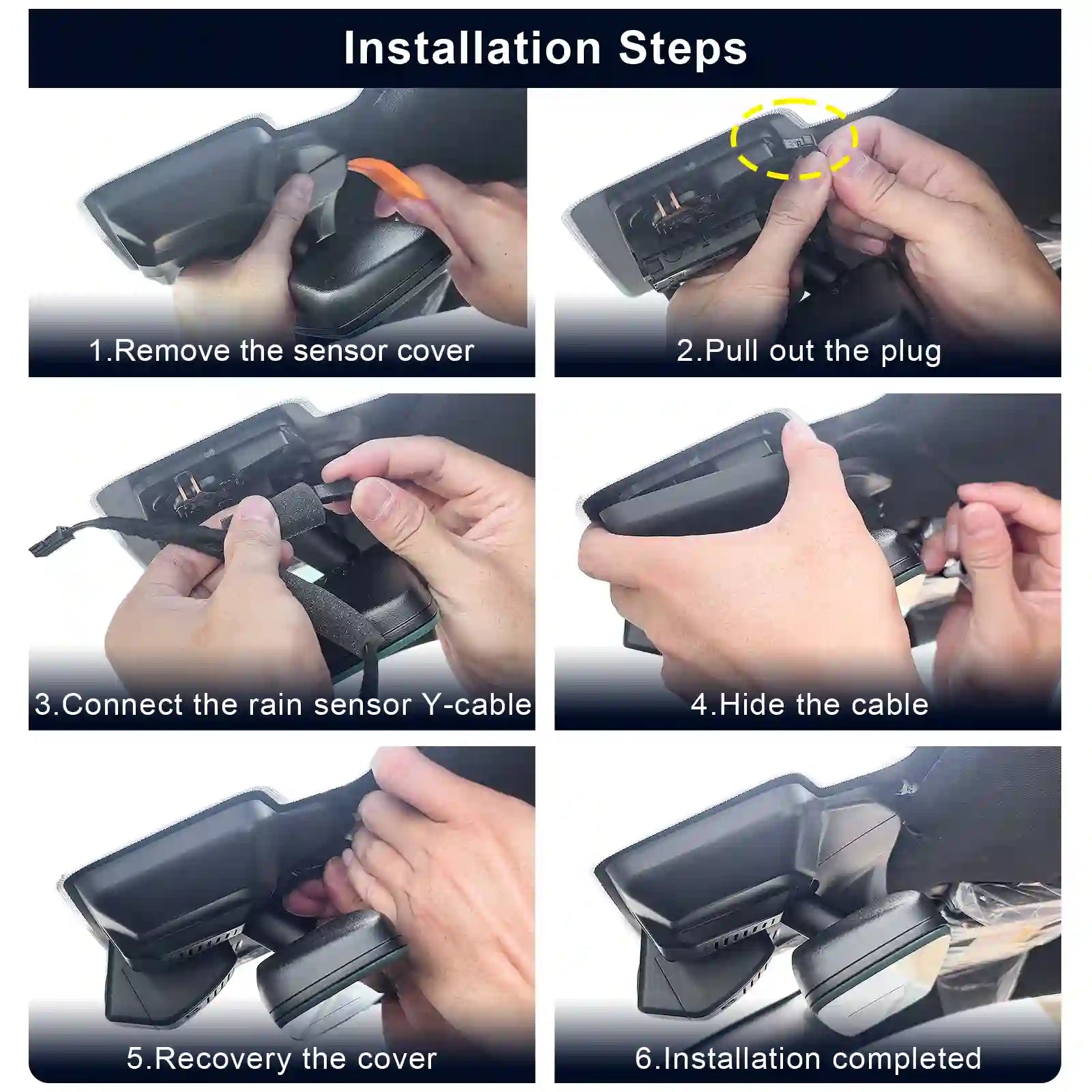 Step-by-step guide on installing a car dash camera with hands performing each action.