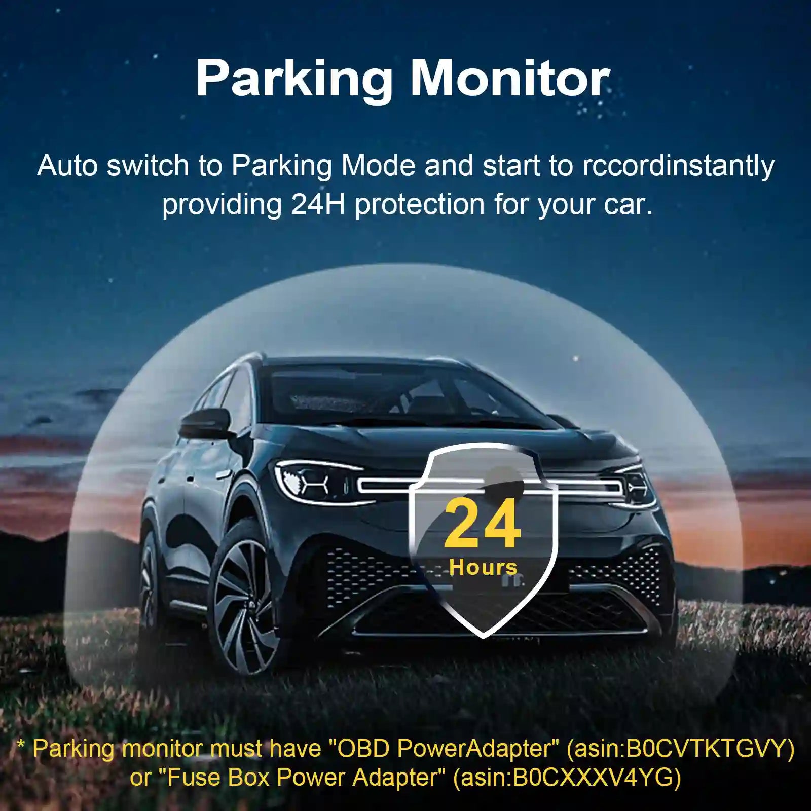Car with parking monitor feature displayed on a scenic background