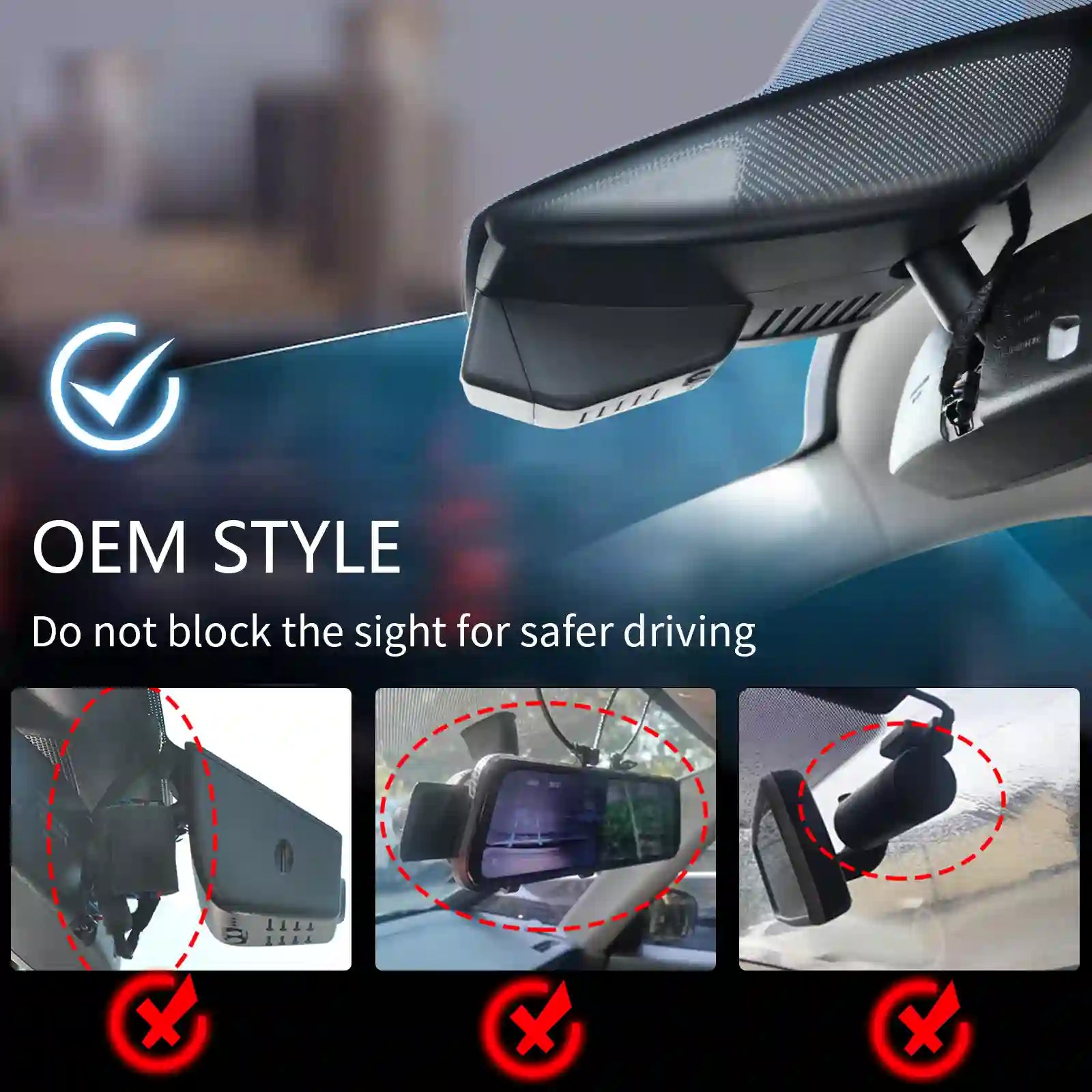 Car rearview mirror with text about safe driving and OEM style.