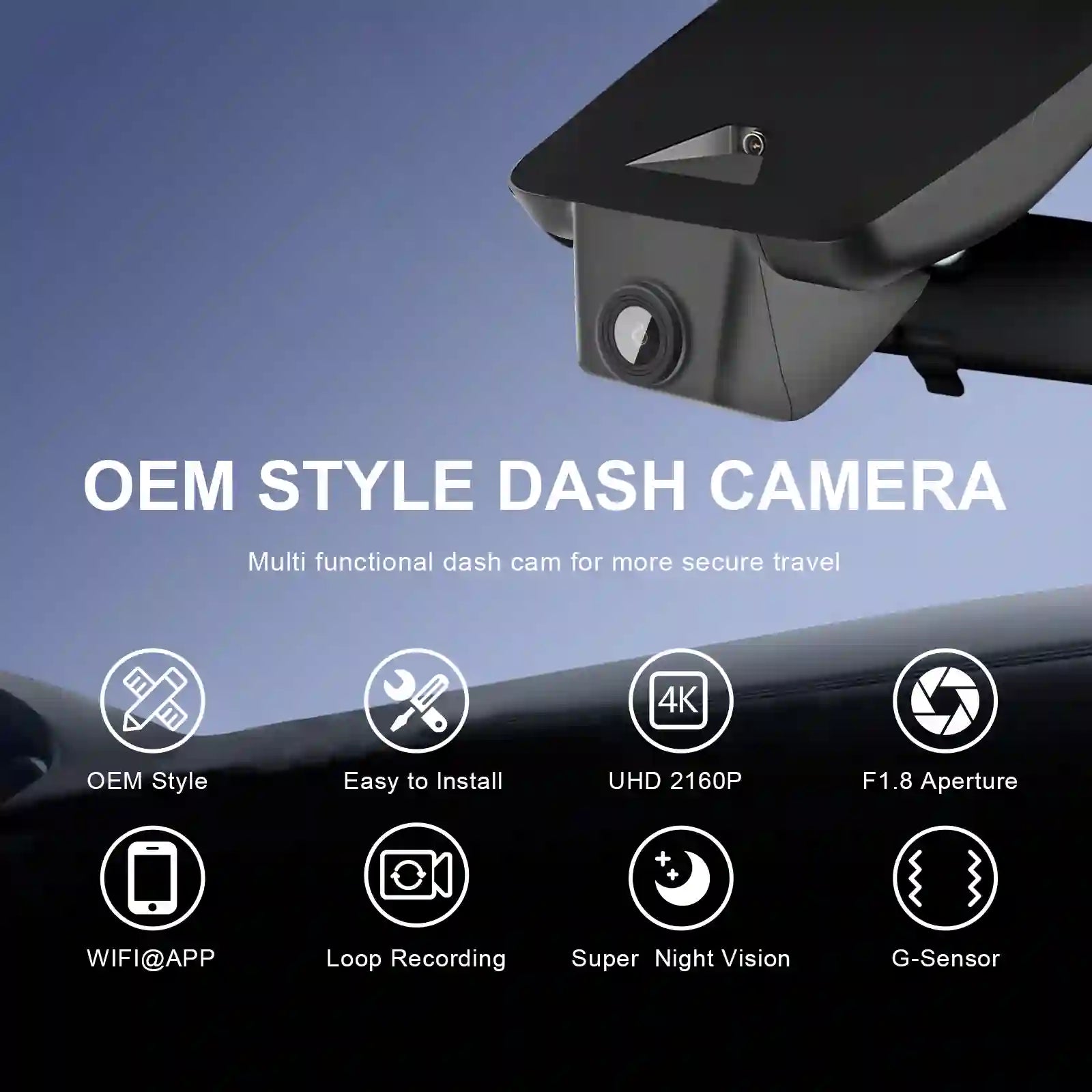 OEM style dash camera with features listed on a blue and black background