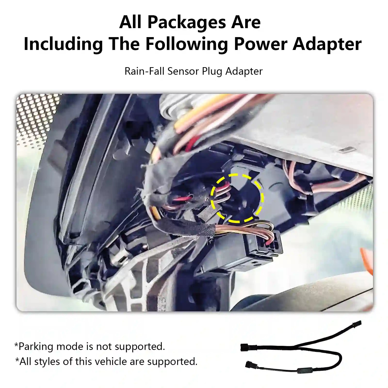 Power adapter for car with diagram and text indicating inclusion in packages volkswagen Arteon dash camera by mangoal tech