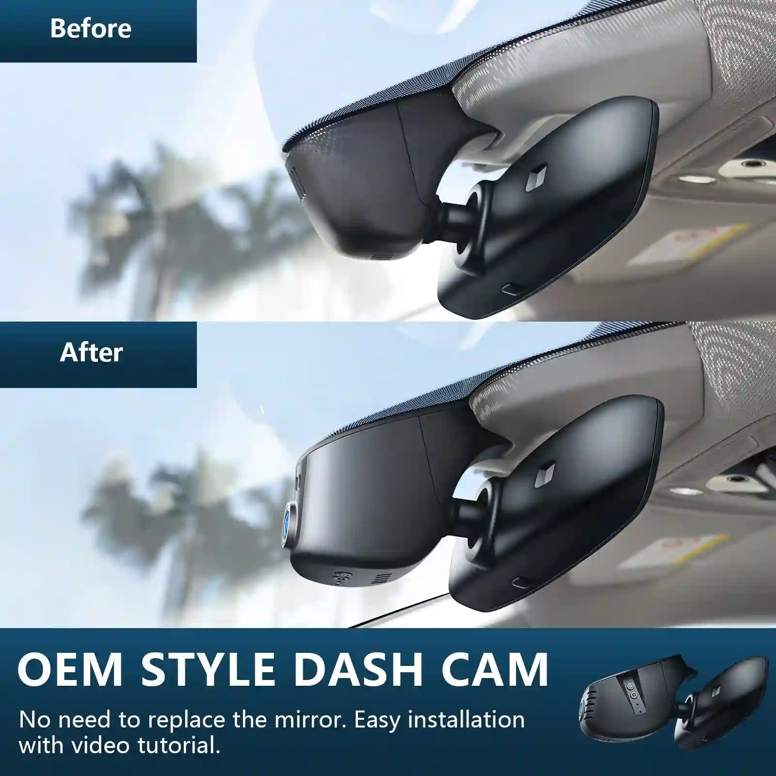 Before and after comparison of a car dash cam installation on a mirror.