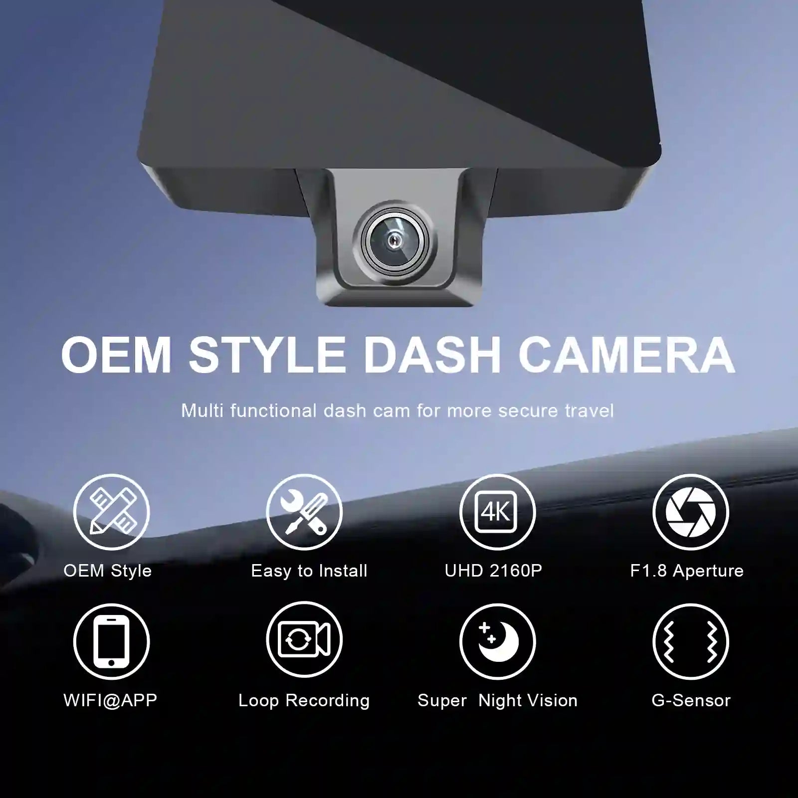 OEM style dash camera with features listed on a blue and black background