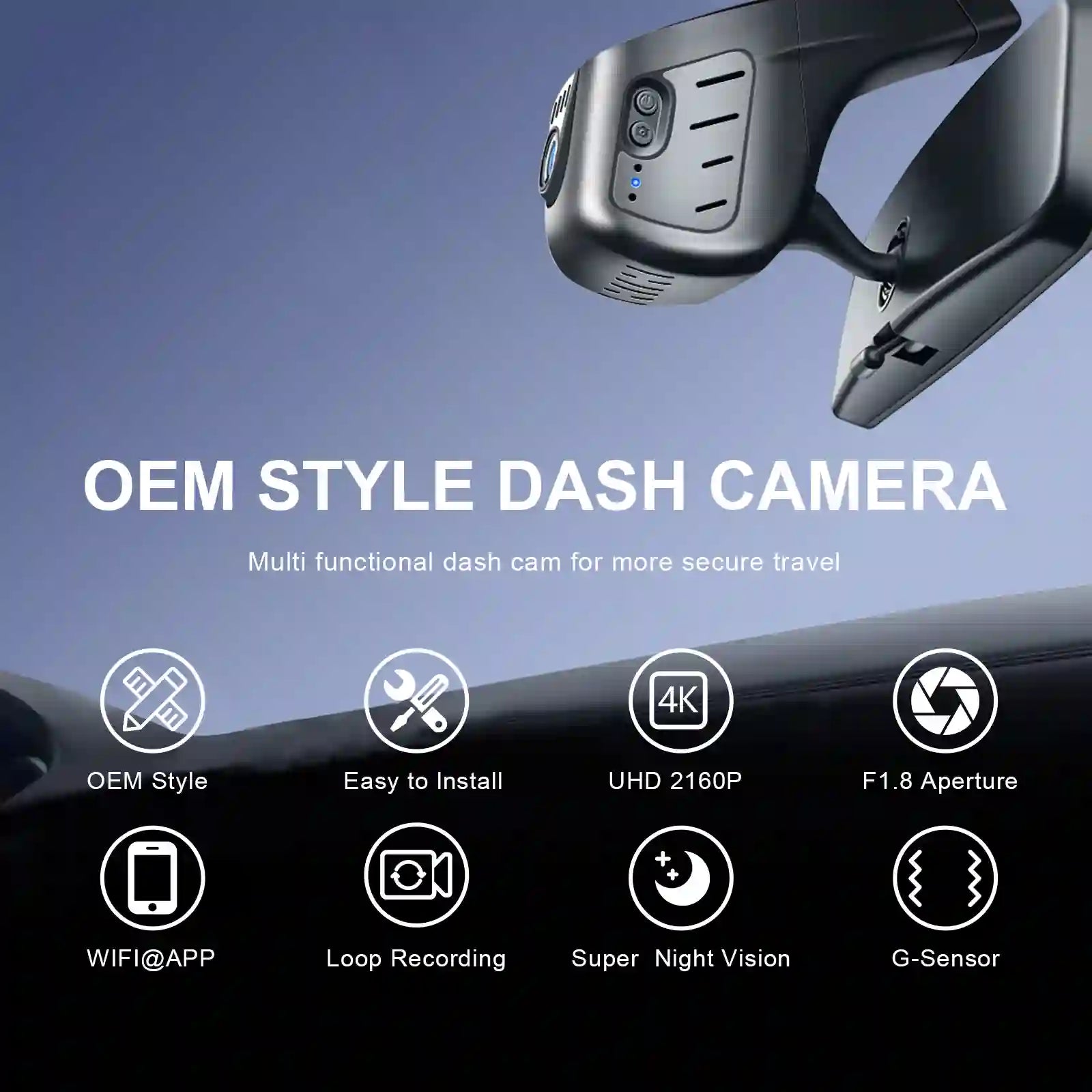 OEM style dash camera with features listed on a blue and black background