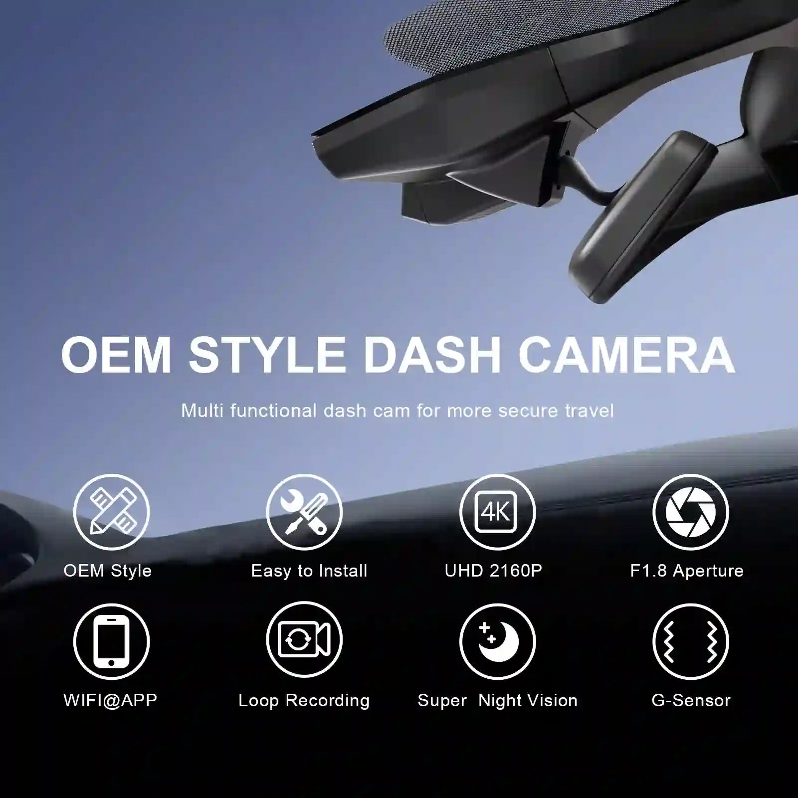 OEM style dash camera with features listed on a blue sky background for Volkawagen_ID.3