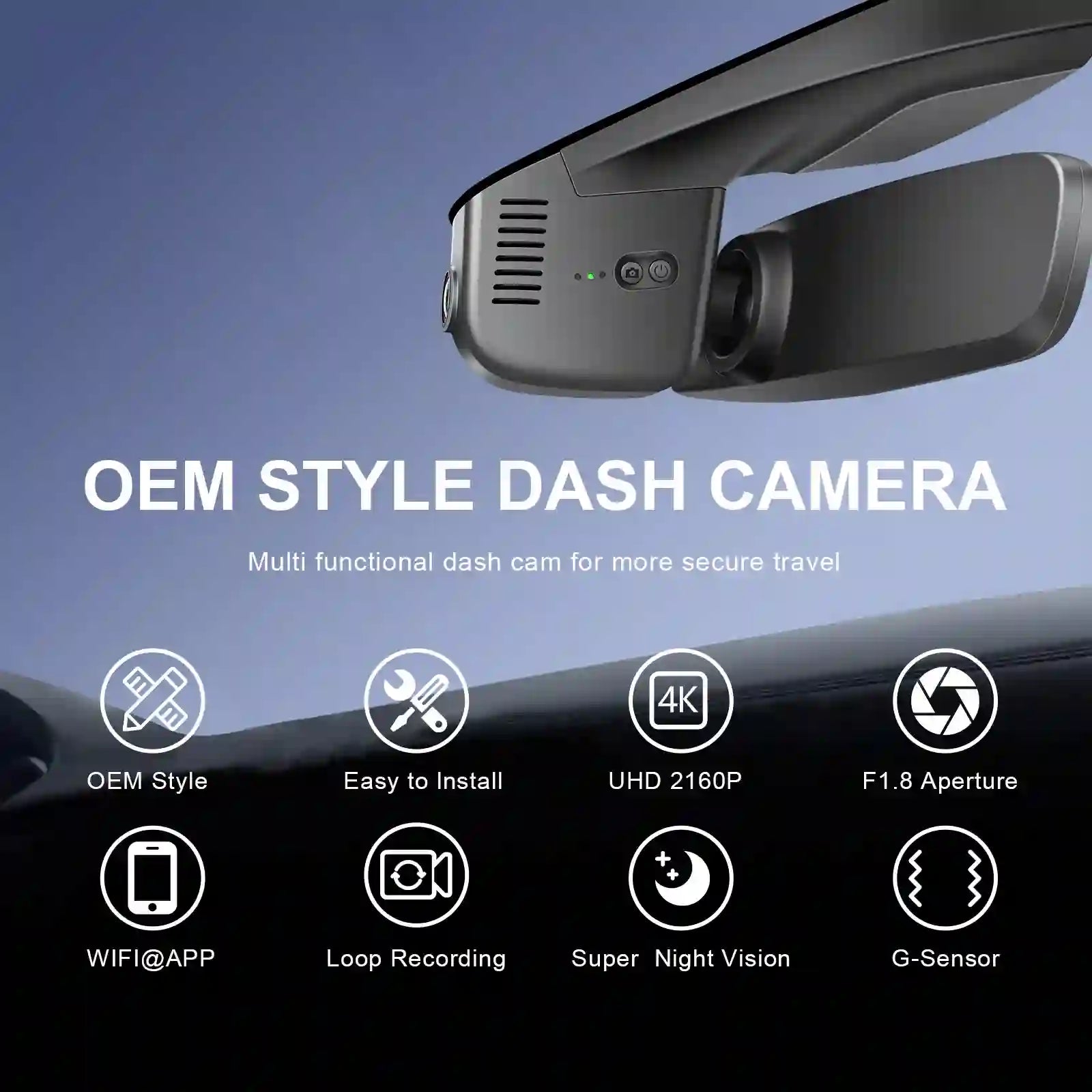 OEM style dash camera on a car dashboard with features listed below.