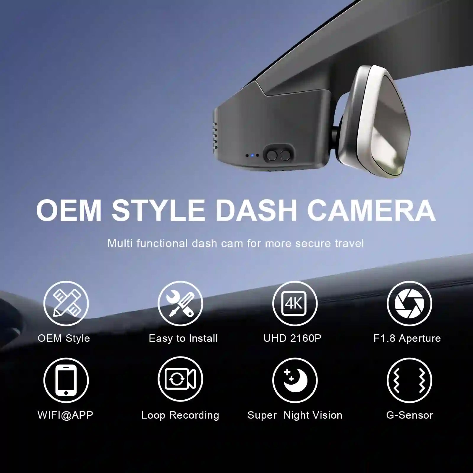 OEM style dash camera with features listed on a blue and black background