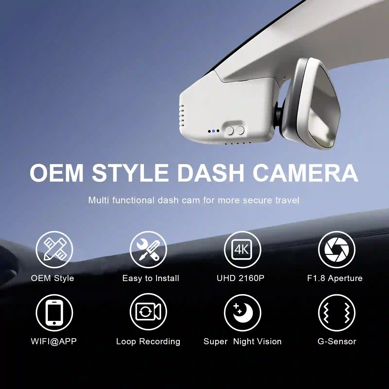 OEM style dash camera mounted on a car dashboard with features listed below.