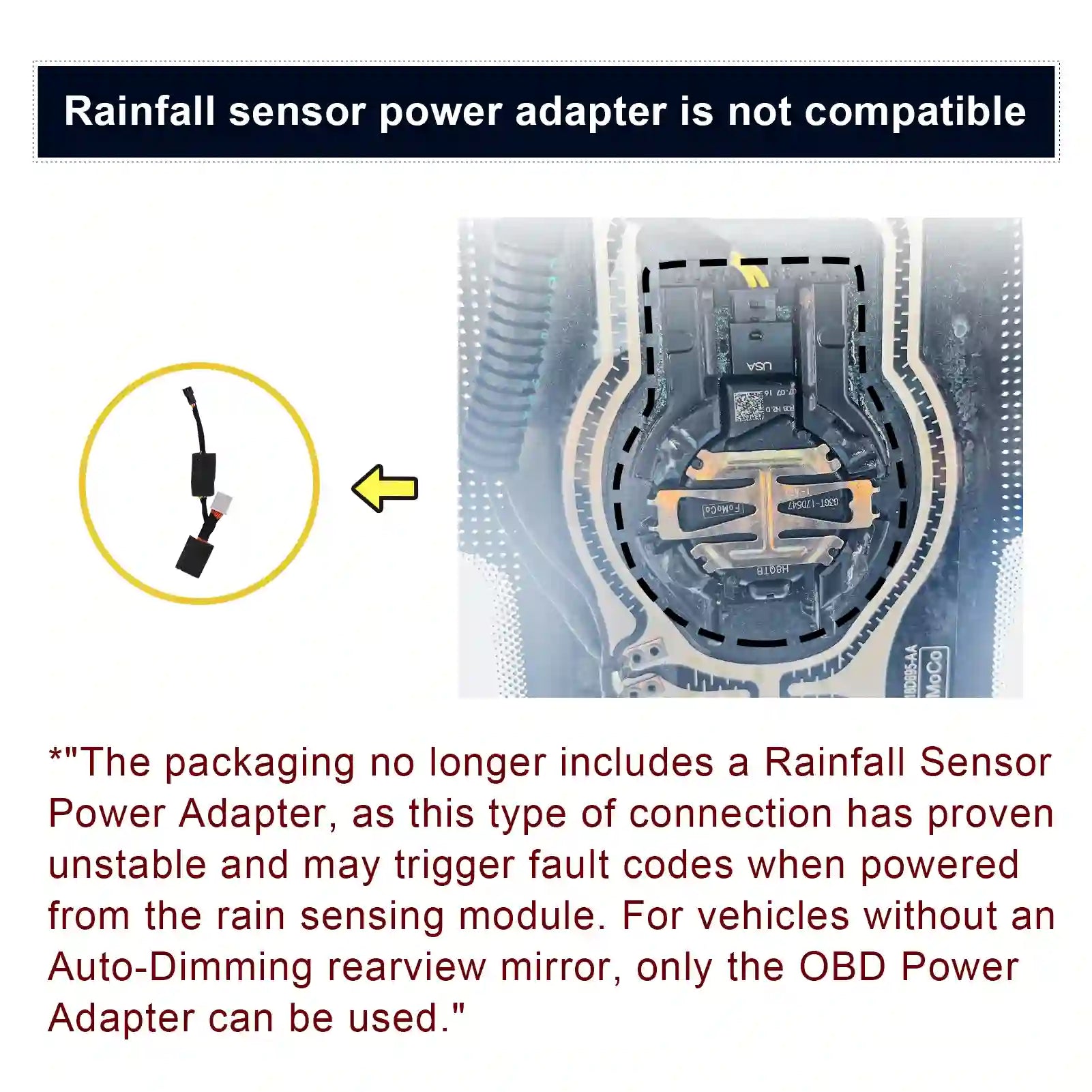 Technical diagram with text about rainfall sensor power adapter compatibility issues in magoal tech dash camera