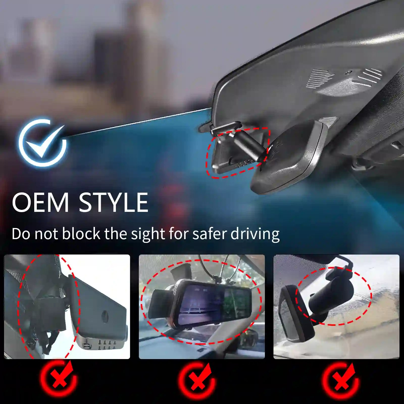 Car dashboard camera installation guide with text and icons indicating proper and improper installation methods.
