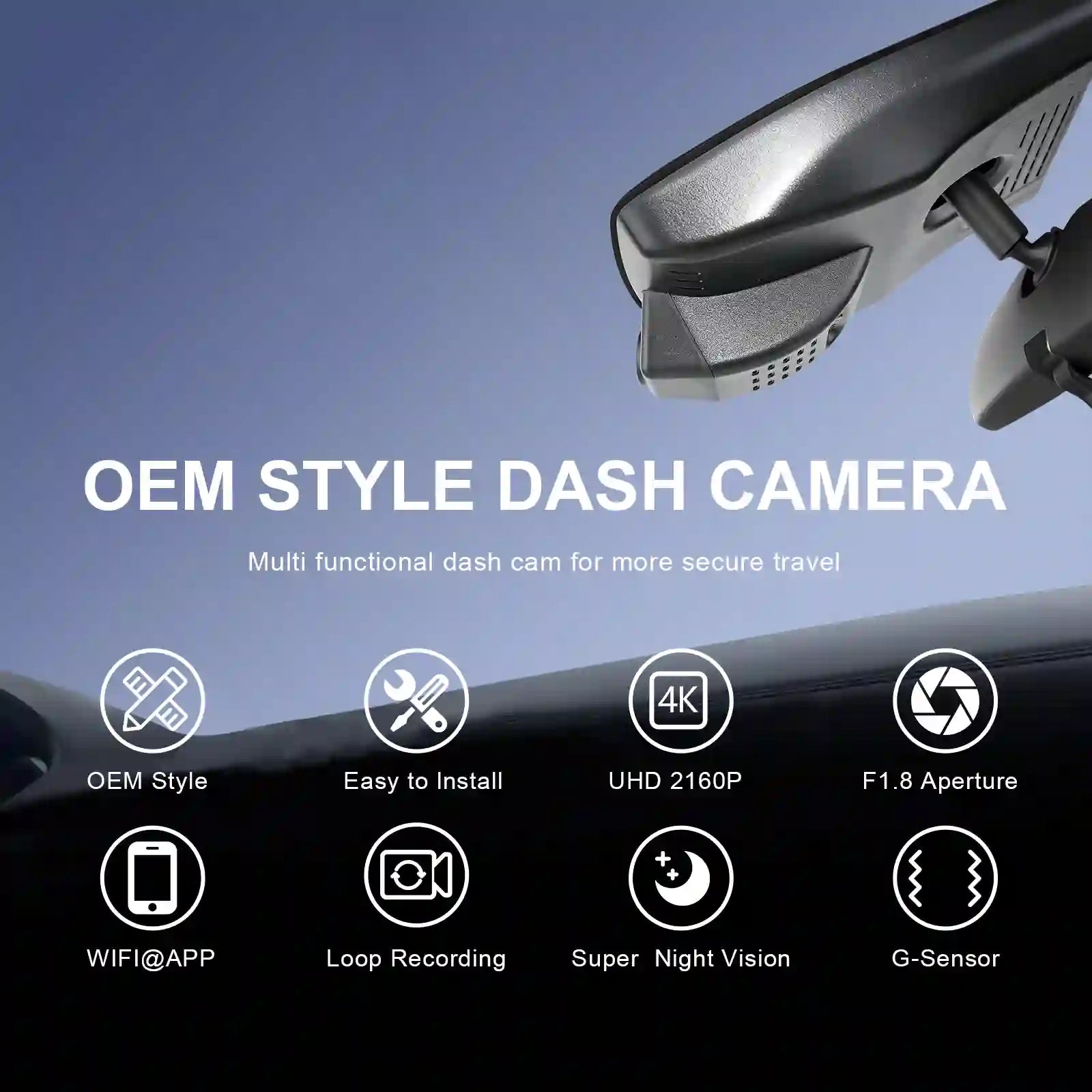 OEM style dash camera for lexus UX with features listed on a blue and black background