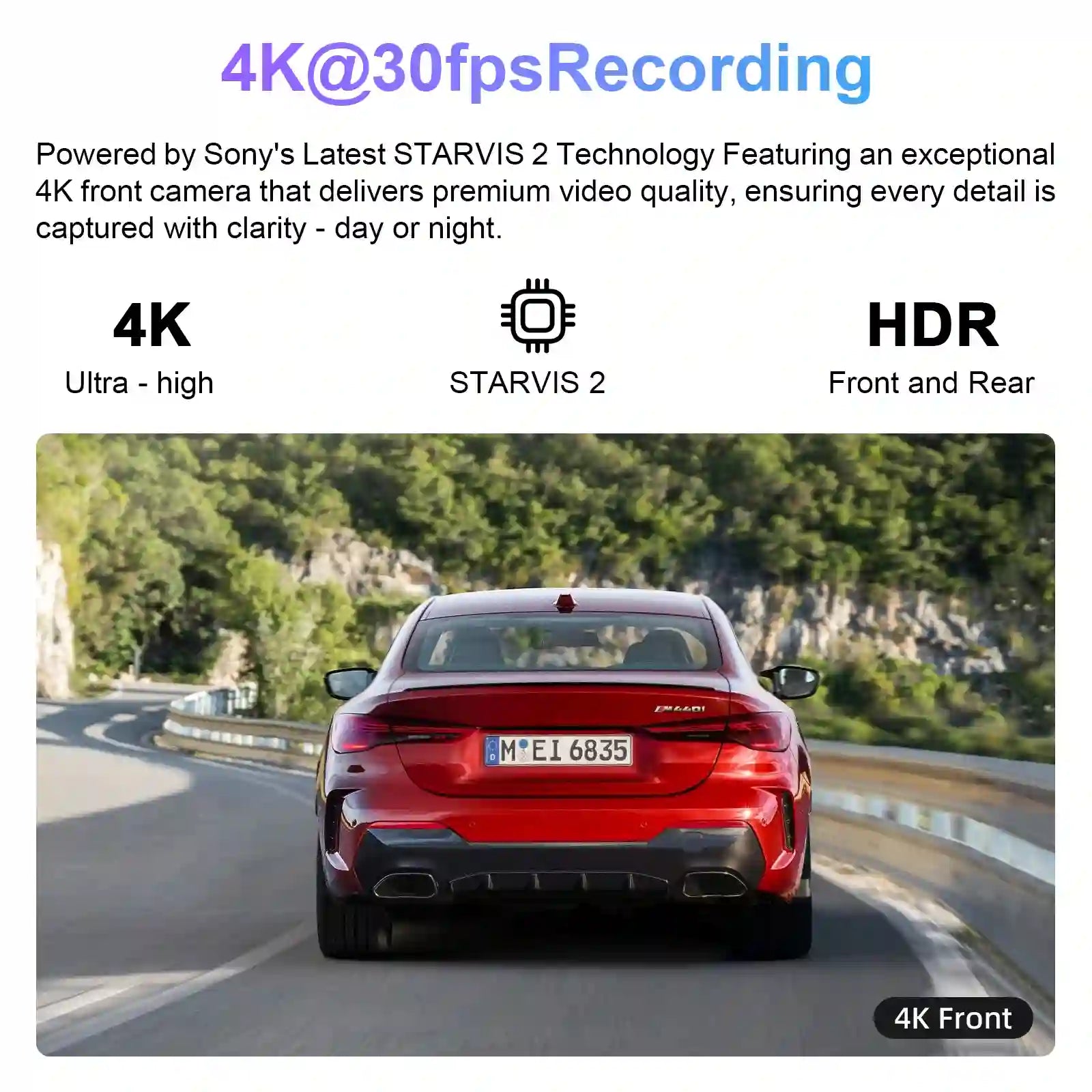 Red car on a road with text about 4K video recording technology and Sony's STARVIS 2 camera.