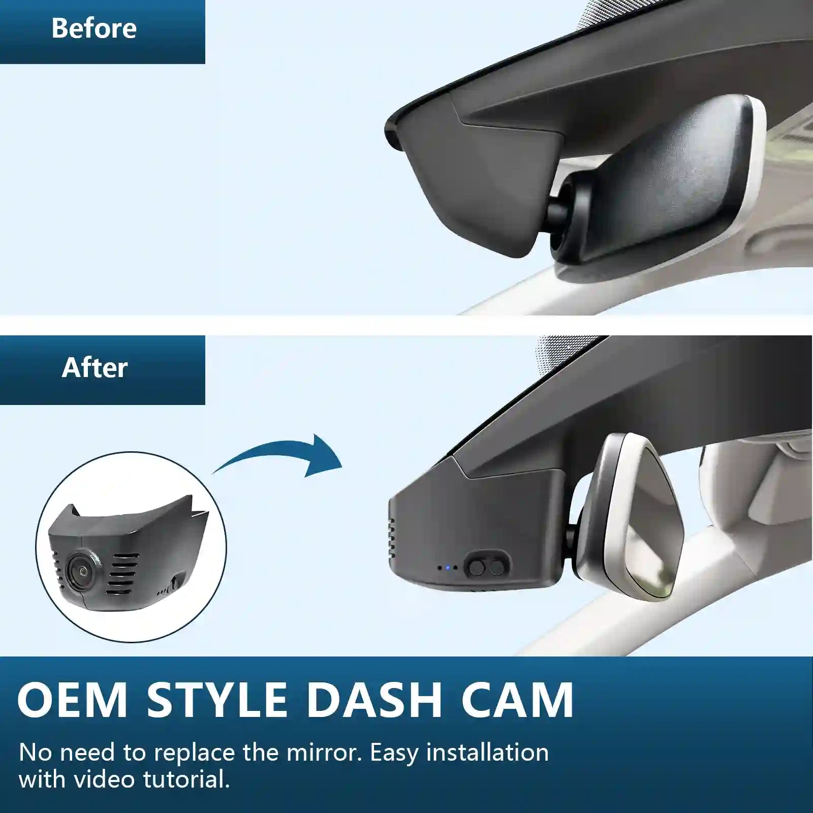 Before and after comparison of a car dash cam installation on a mirror.