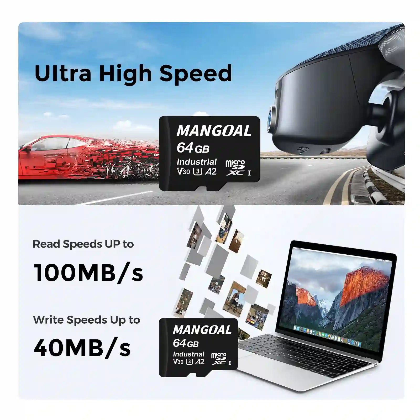 64GB Industrial Grade microSD Card, U3 A2 V30 High Speed Memory Card with Adapter, Support Ultra HD 4K Video Recording