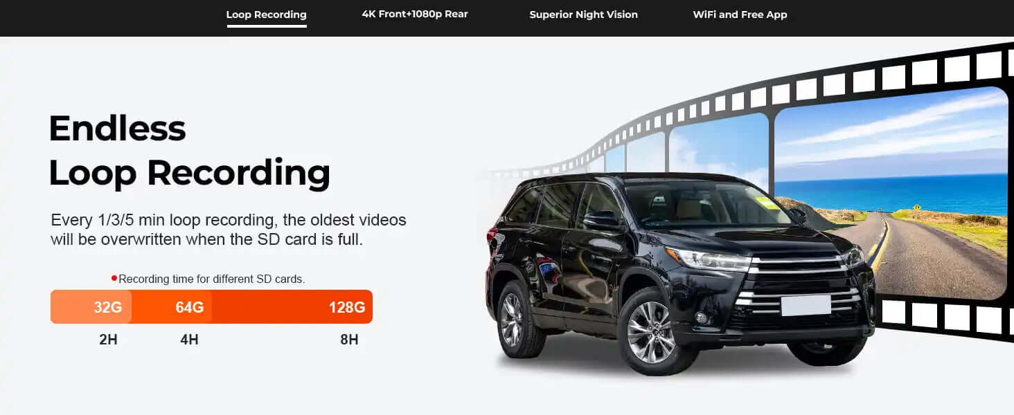 Toyota Highlander loop recording dash camera black 