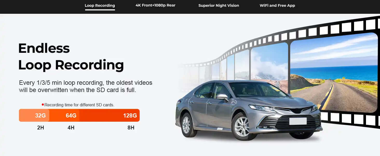 toyota camry single dash camera loop recording 
