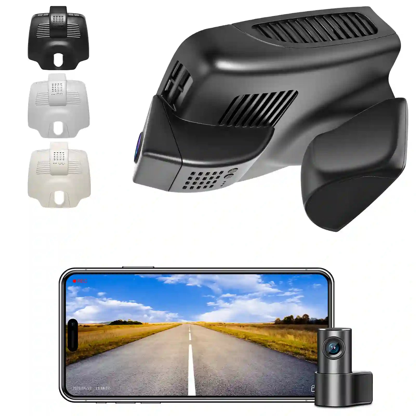 Car dashboard camera system with smartphone displaying road view on a white background