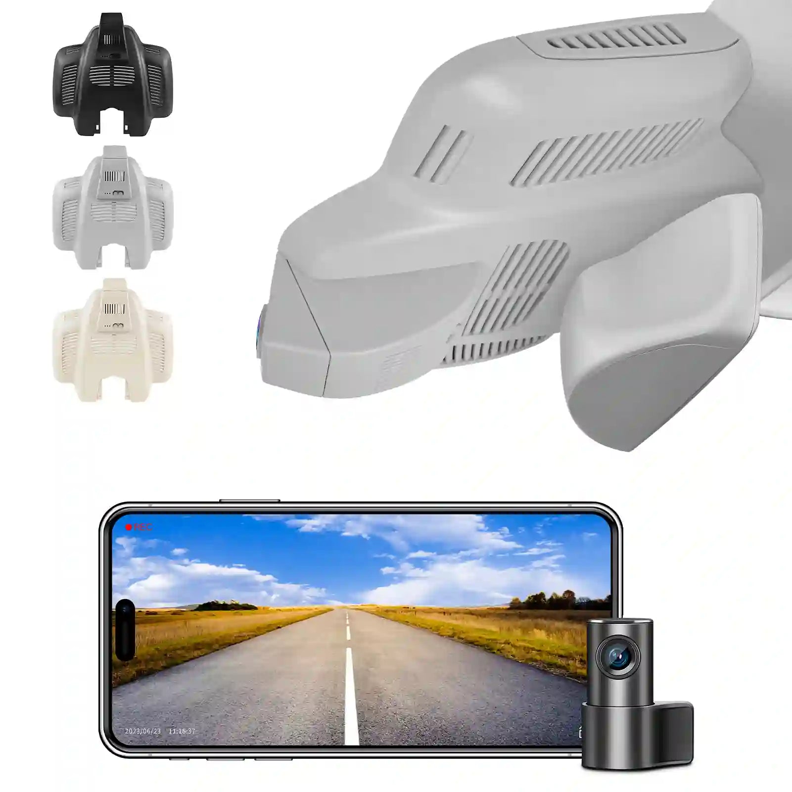 Car dashboard camera system with smartphone displaying road view, multiple camera heads, and additional camera on a white background.