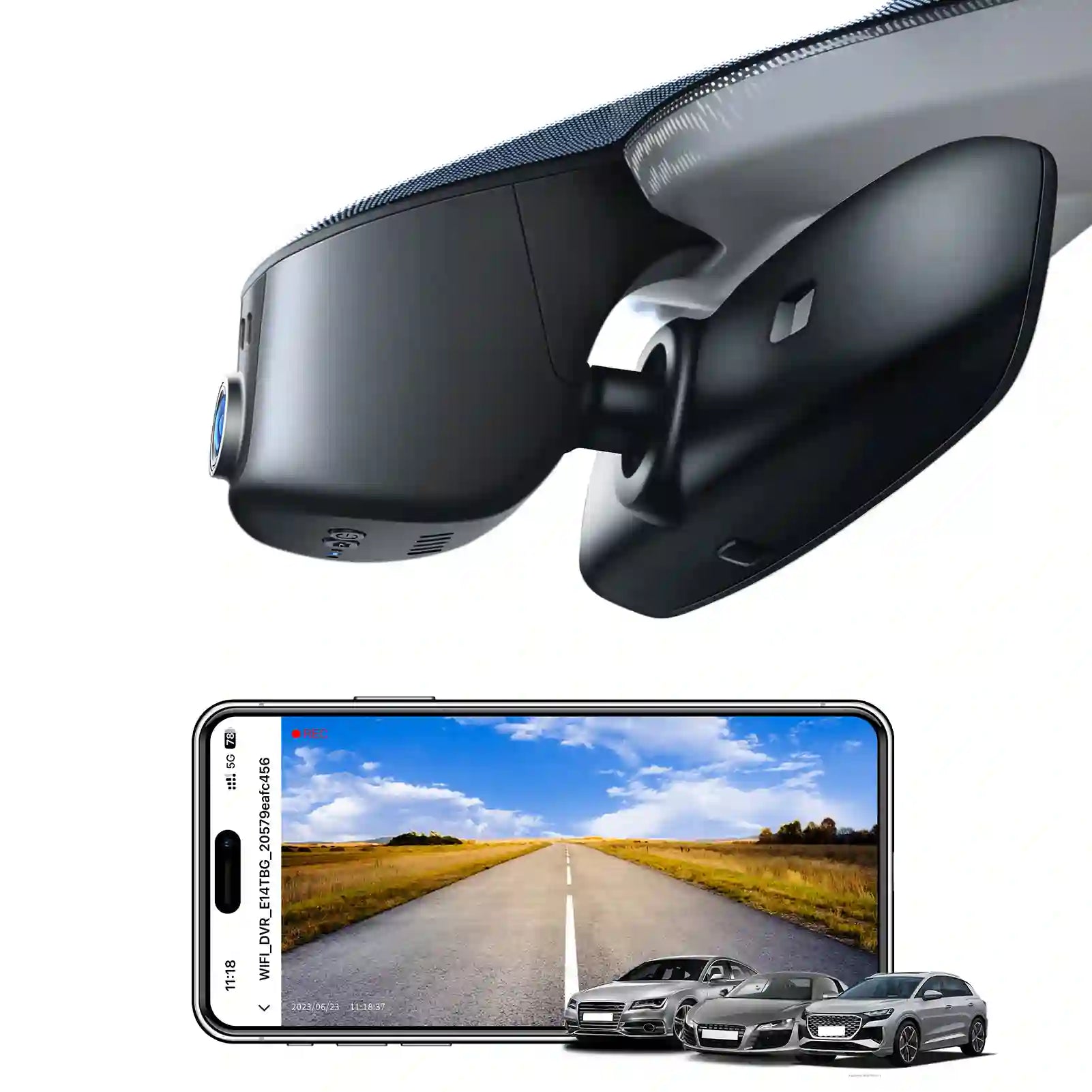 Car rearview mirror with built-in camera and smartphone displaying road view.