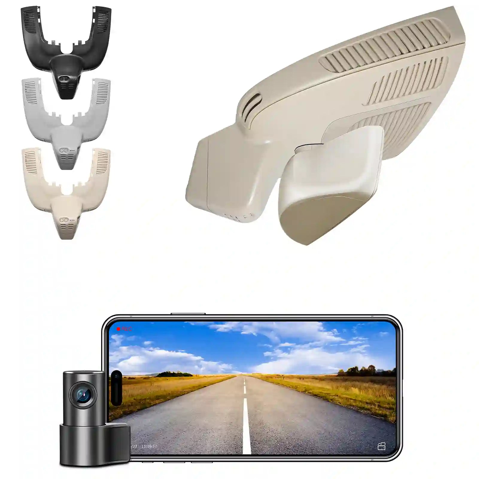 Car dashboard camera with bracket and smartphone displaying road view 