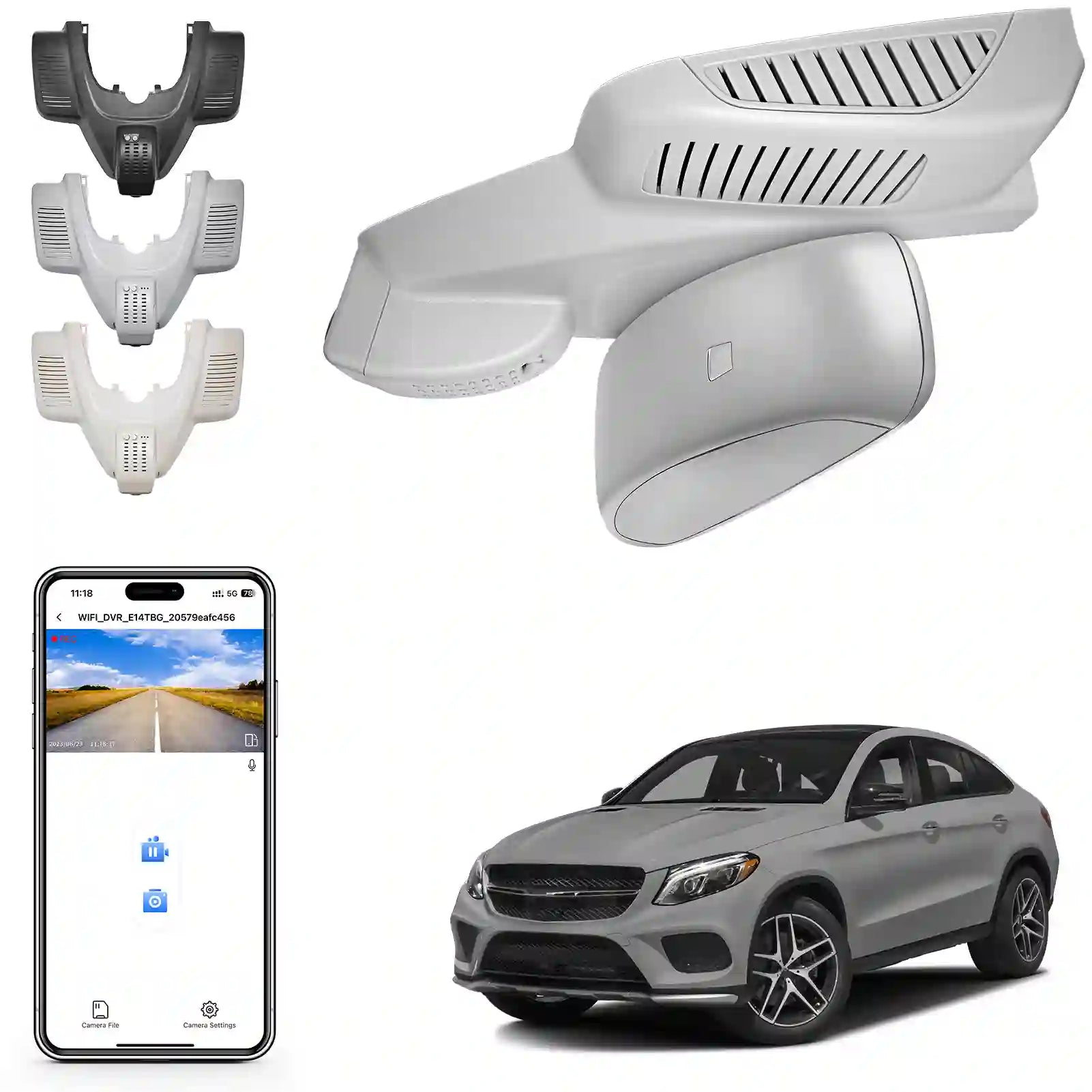 Car dashboard camera, phone with app interface, and car by mangoal 