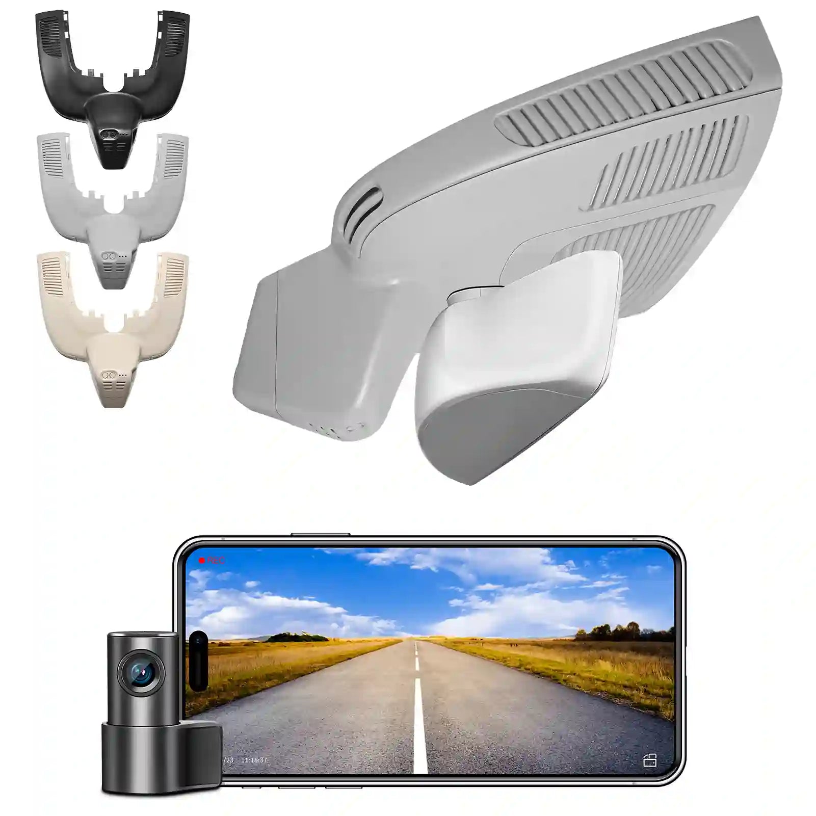 Outdoor security camera system with accessories and a smartphone displaying a road scene. For mercedes by mangoal tech dash camera