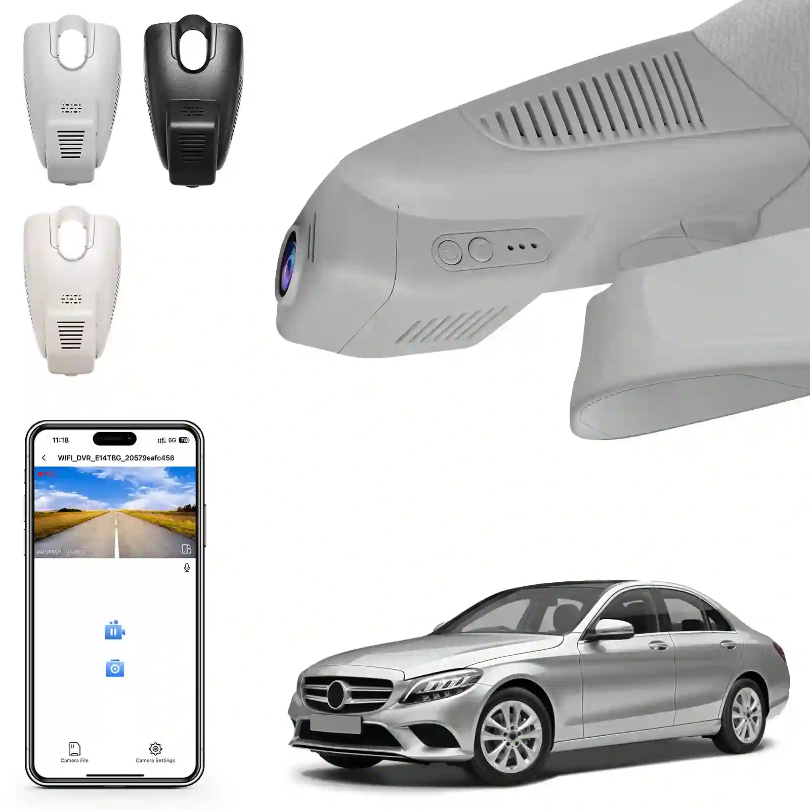 Car dashboard camera, remote controls, smartphone app, and car on a white background