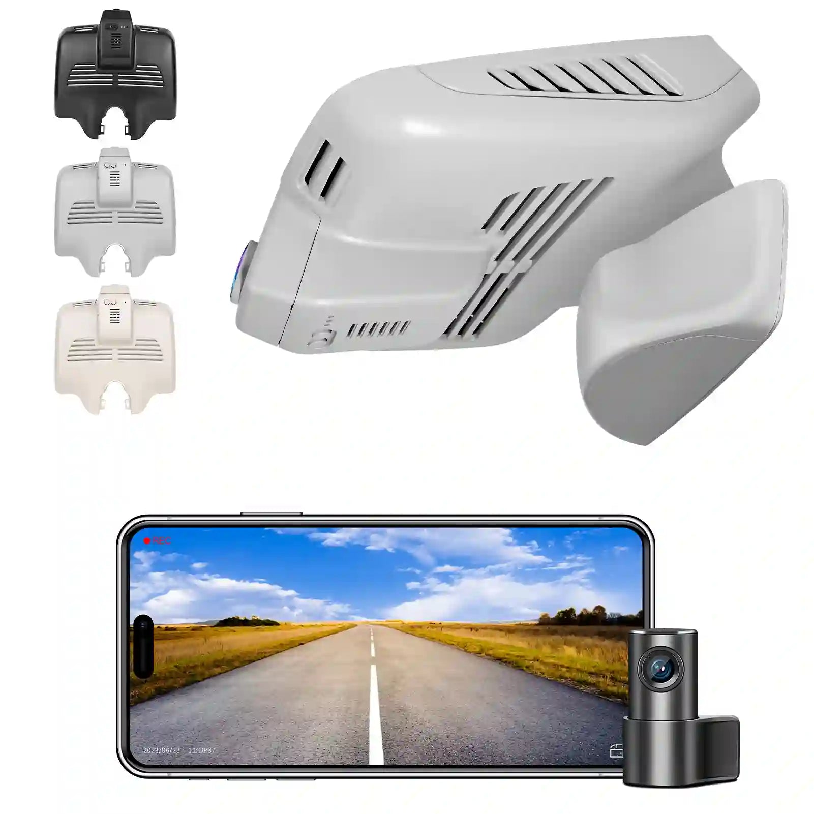 Car dashboard camera with smartphone displaying road view and additional camera attachments on a white background