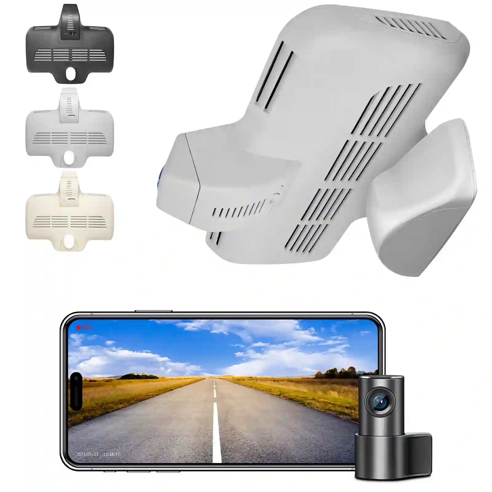Car dashboard camera system with smartphone displaying road view and additional camera on white background