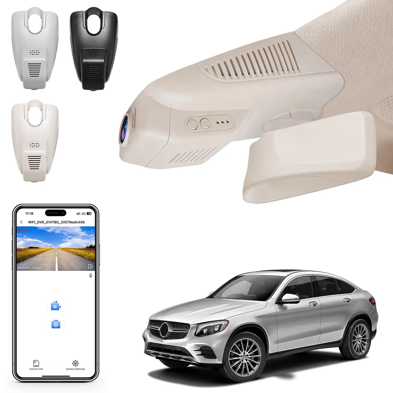 Car dashboard camera, smartphone app, and Mercedes-Benz GLC SUV o