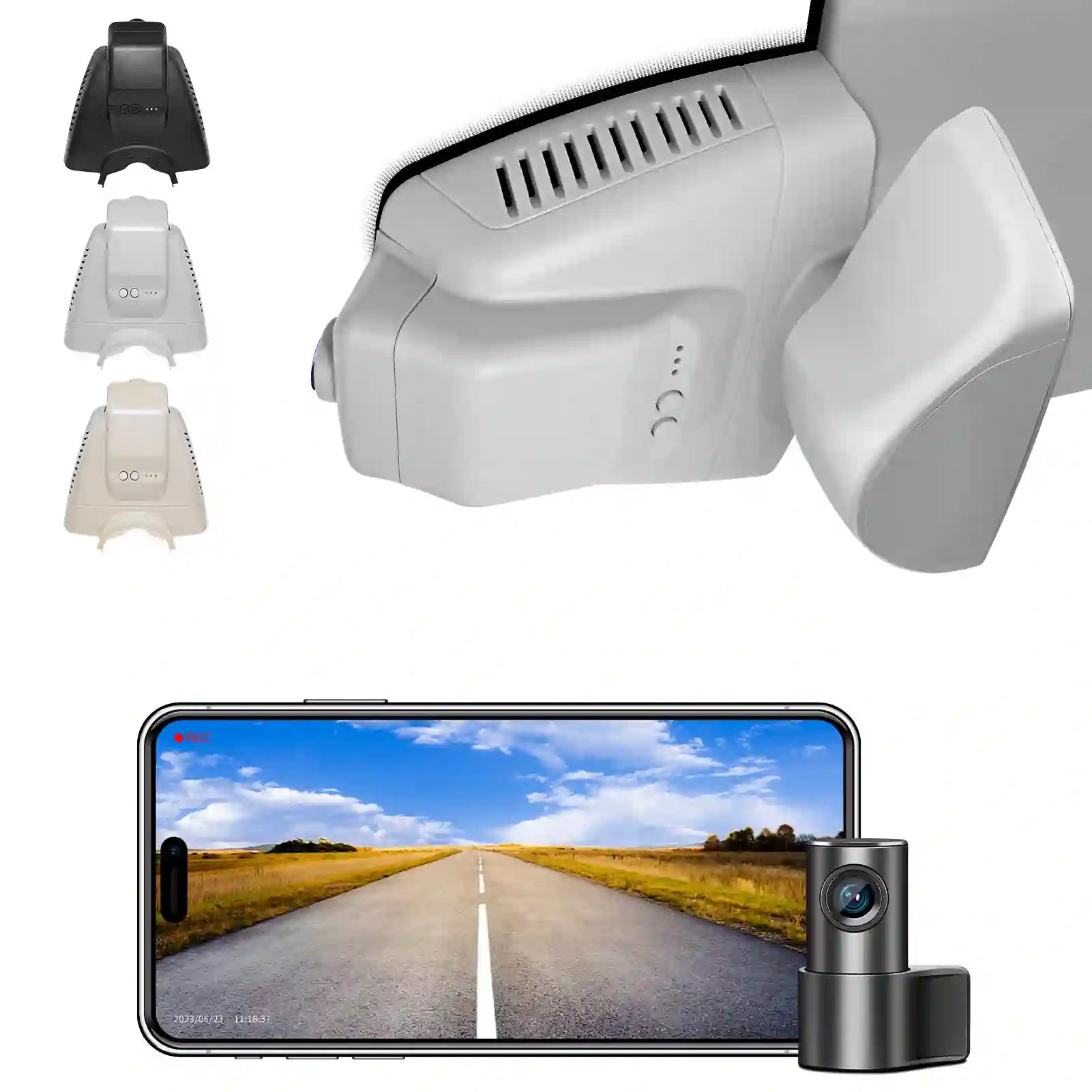 Mercedez benz Gray Car dashboard camera with smartphone displaying on cell phone app dash camera 