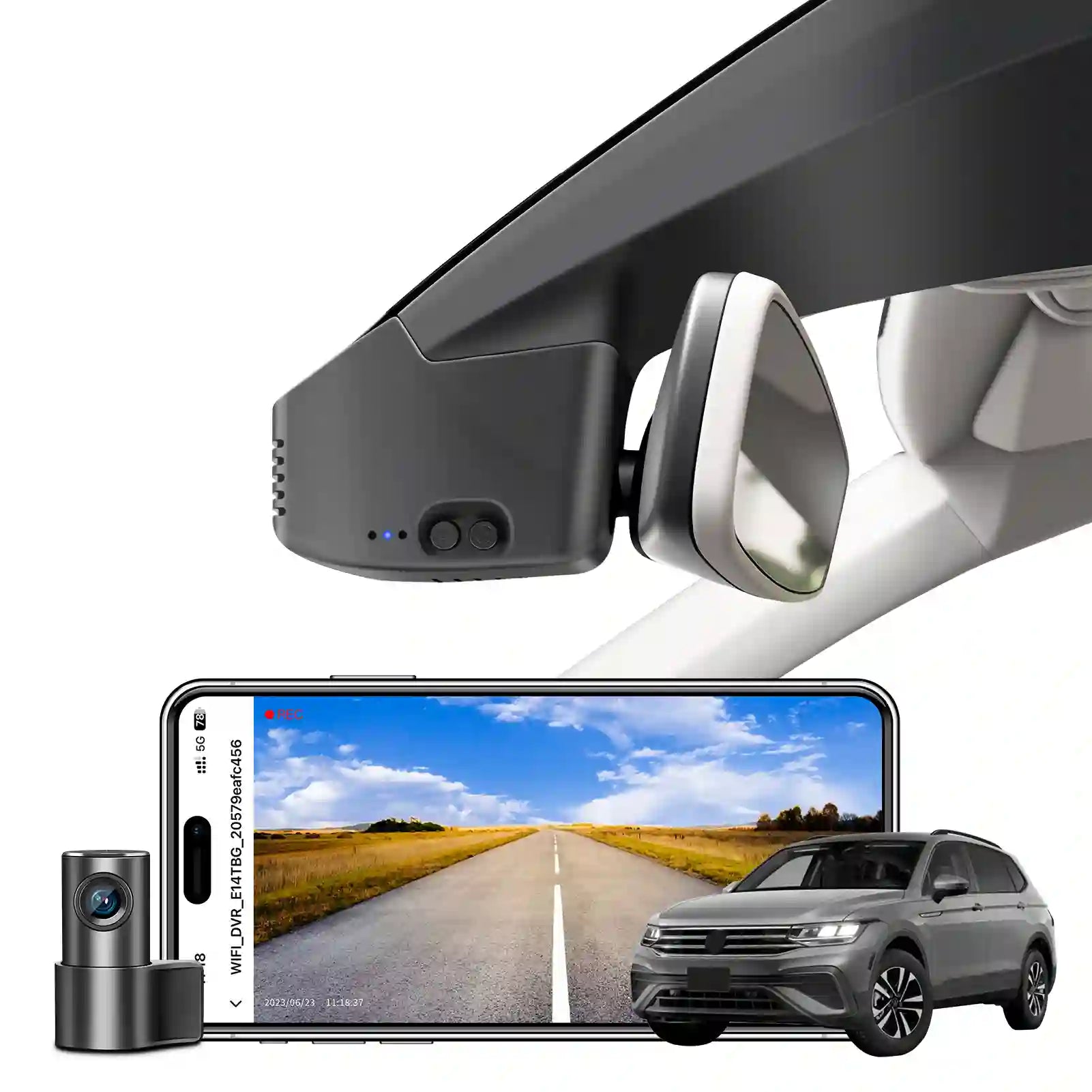 Car dashboard camera system with smartphone displaying road view and car in the background